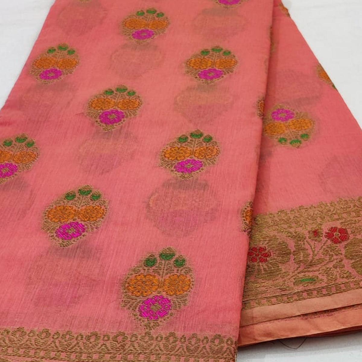 Pink Festive Wear Woven Cotton Saree With Meena Butta Pallu - Peachmode