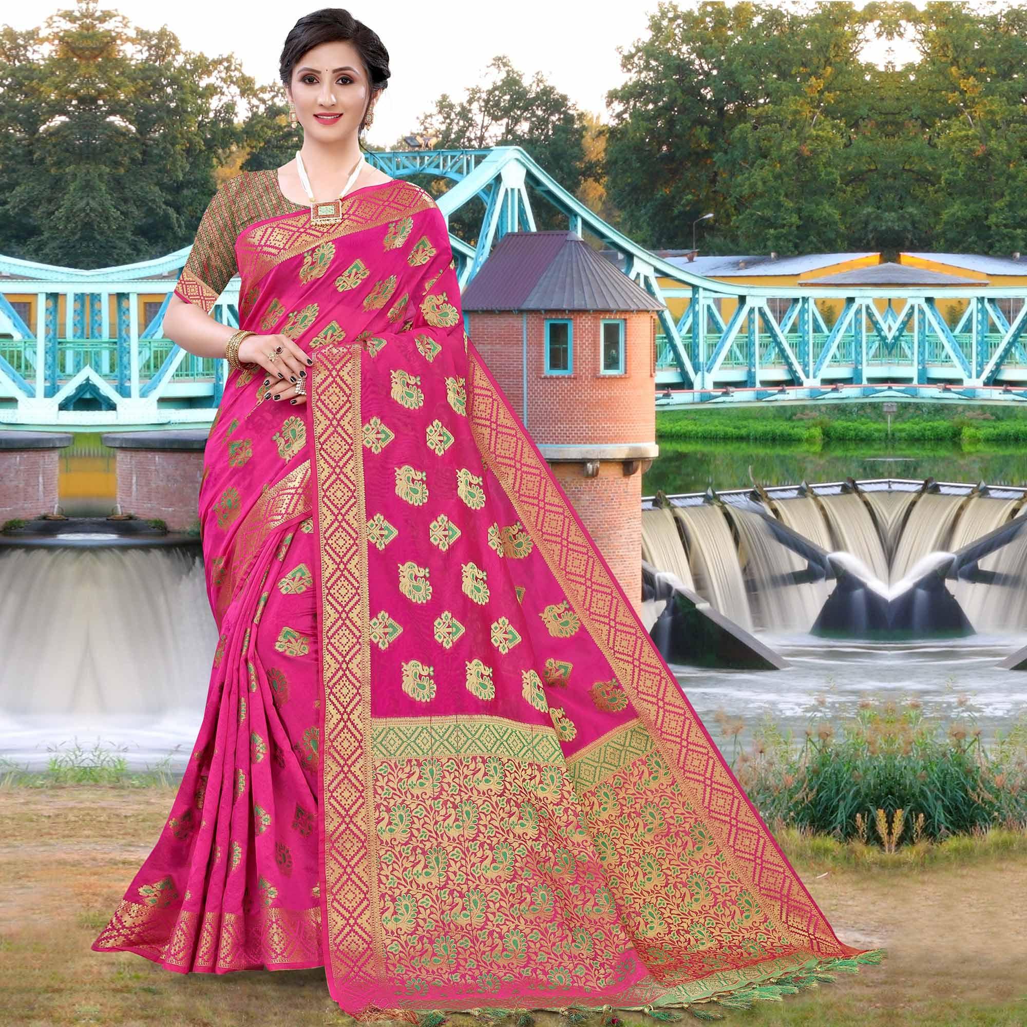 Pink Festive Wear Woven Cotton Saree With Tassels - Peachmode