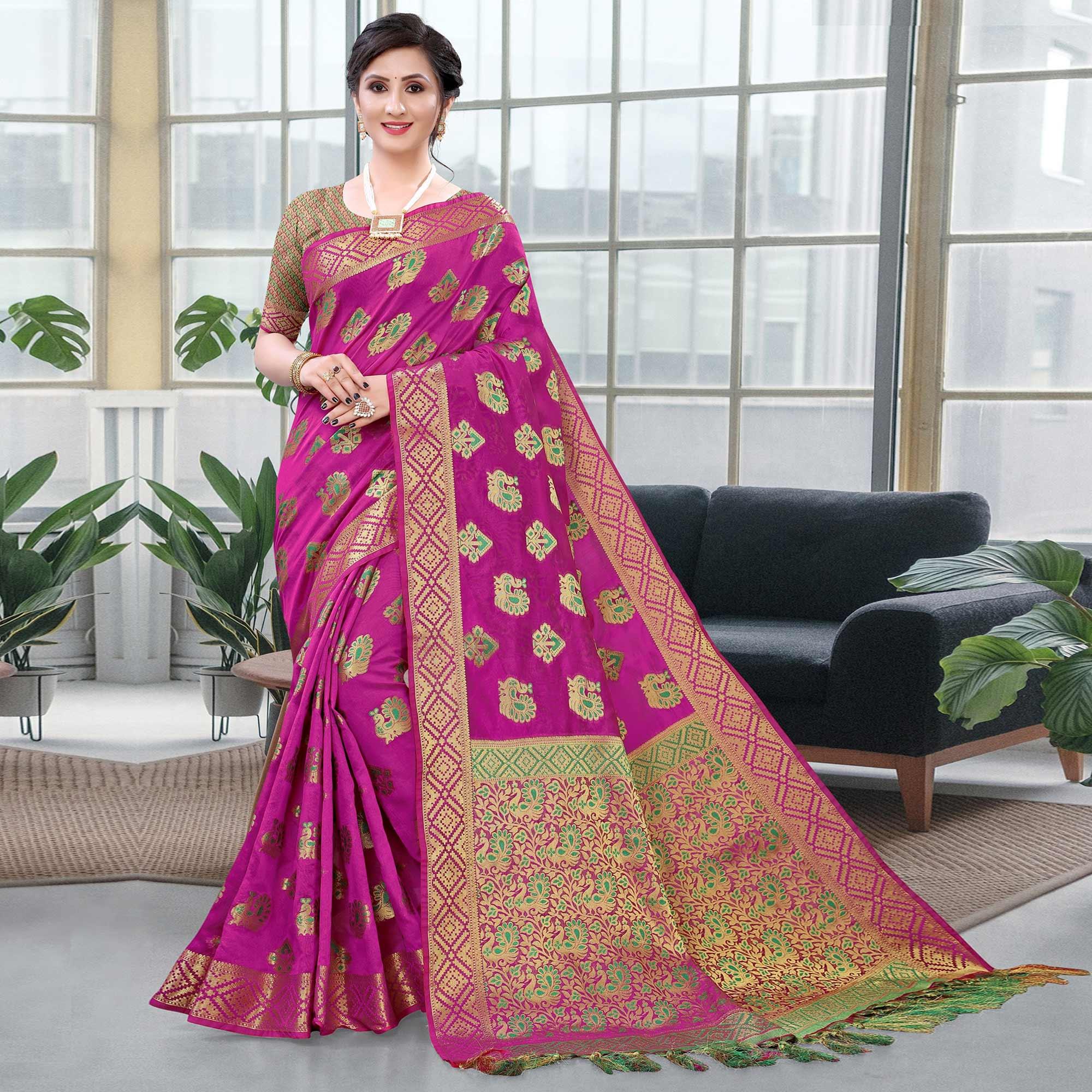 Pink Festive Wear Woven Cotton Saree With Tassels - Peachmode