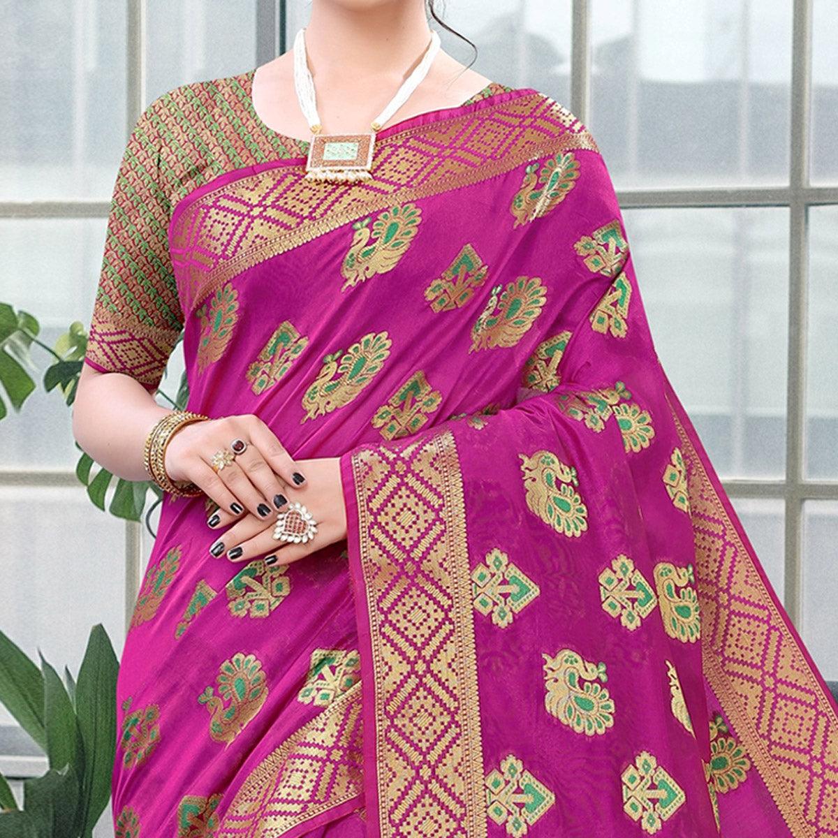 Pink Festive Wear Woven Cotton Saree With Tassels - Peachmode