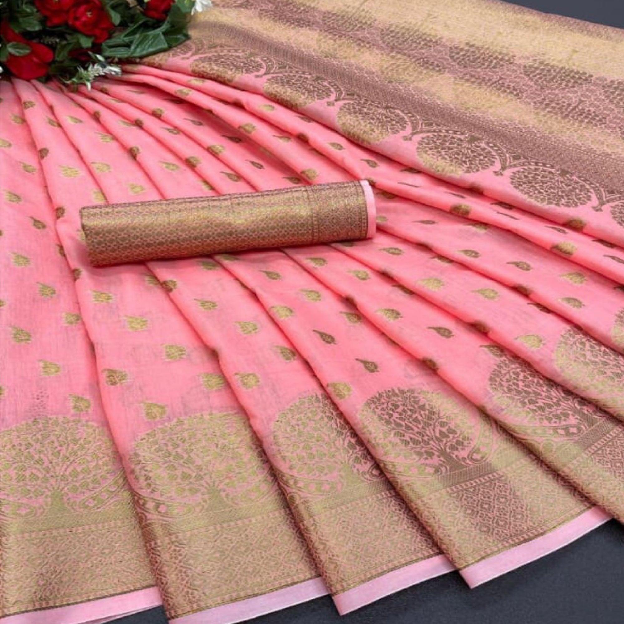 Pink Festive Wear Woven Cotton Saree With Zari Border - Peachmode