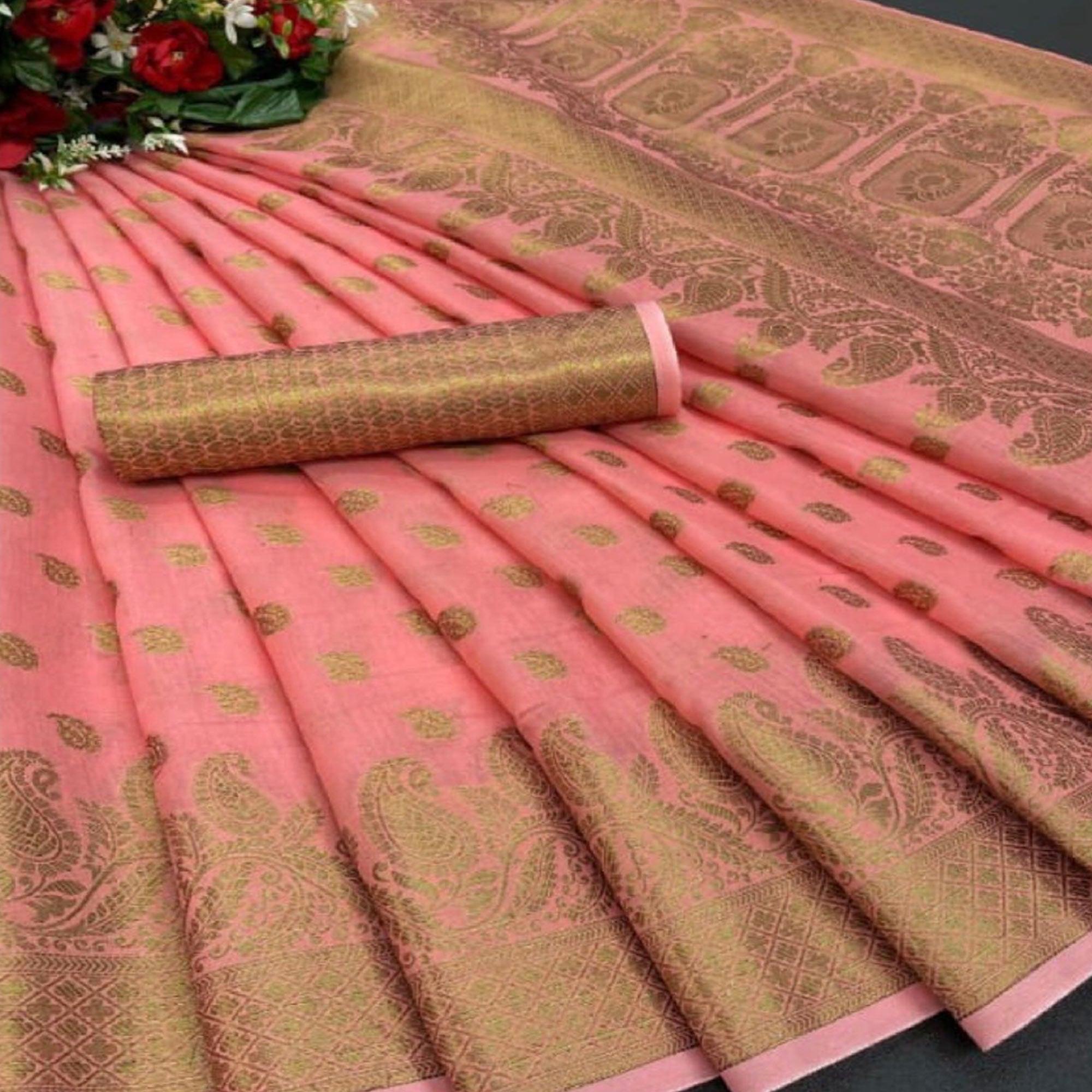 Pink Festive Wear Woven Cotton Saree With Zari Border - Peachmode