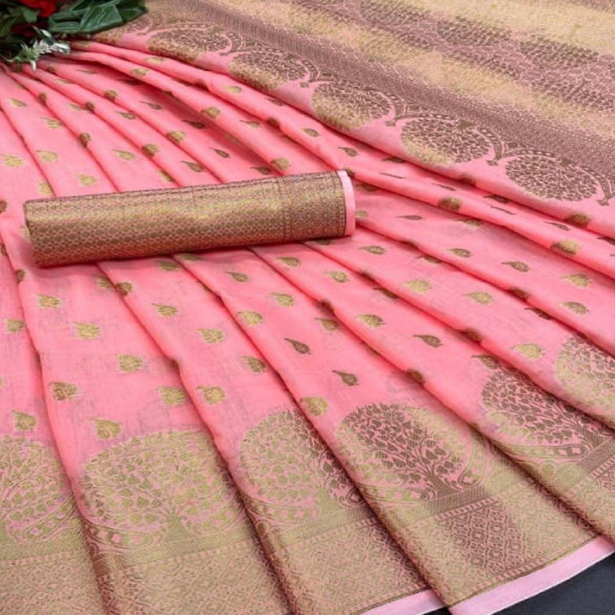 Pink Festive Wear Woven Cotton Saree With Zari Border - Peachmode