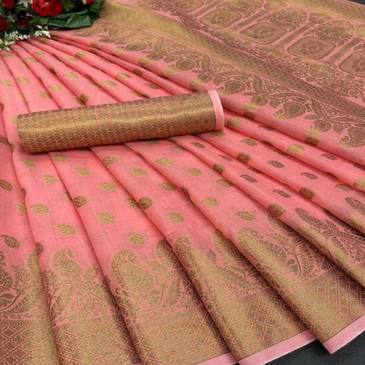 Pink Festive Wear Woven Cotton Saree With Zari Border - Peachmode