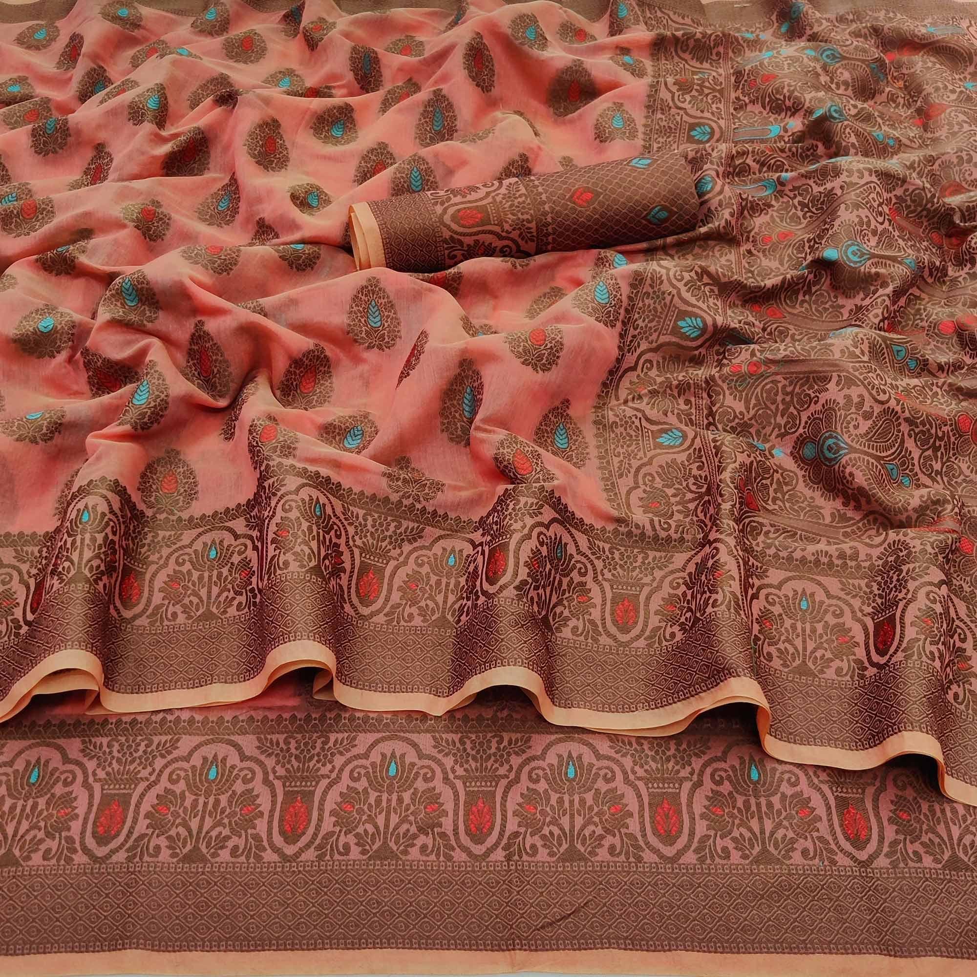 Pink Festive Wear Woven Cotton Silk Saree - Peachmode