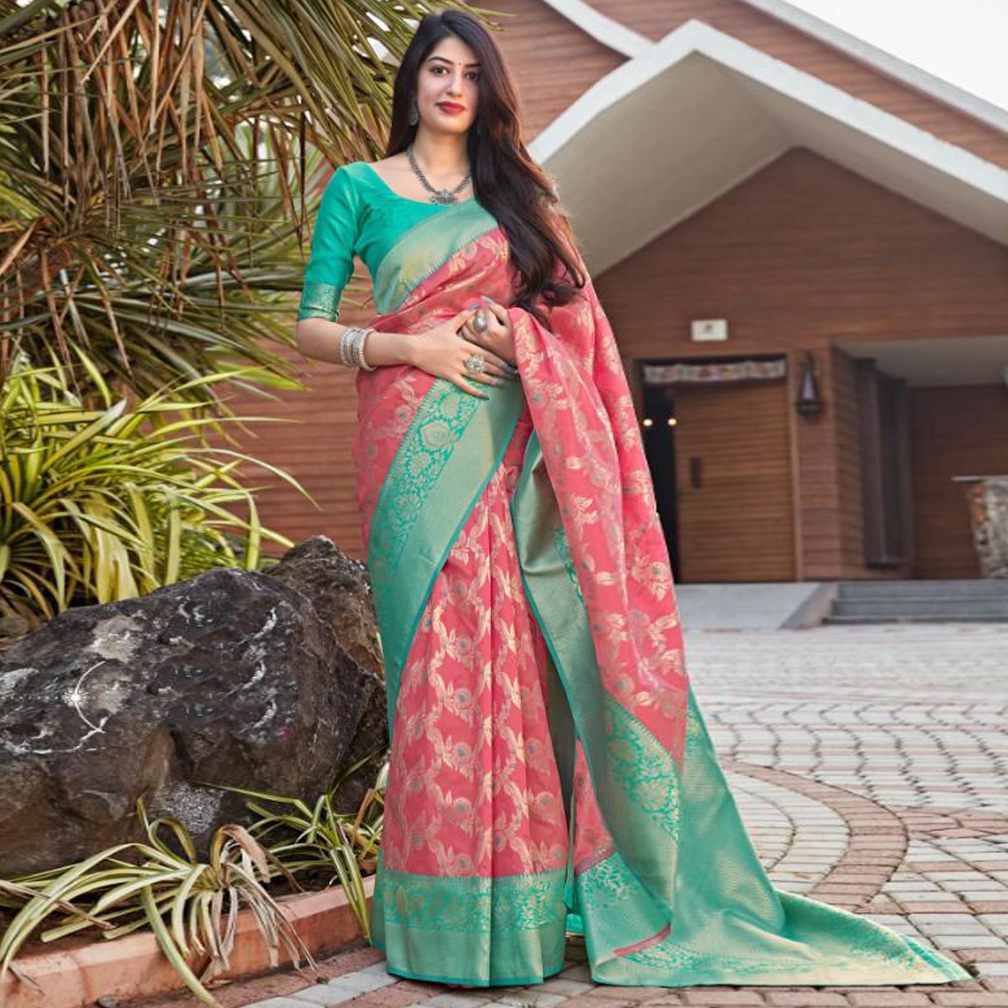 Pink Festive Wear Woven Designer Art Silk Saree - Peachmode