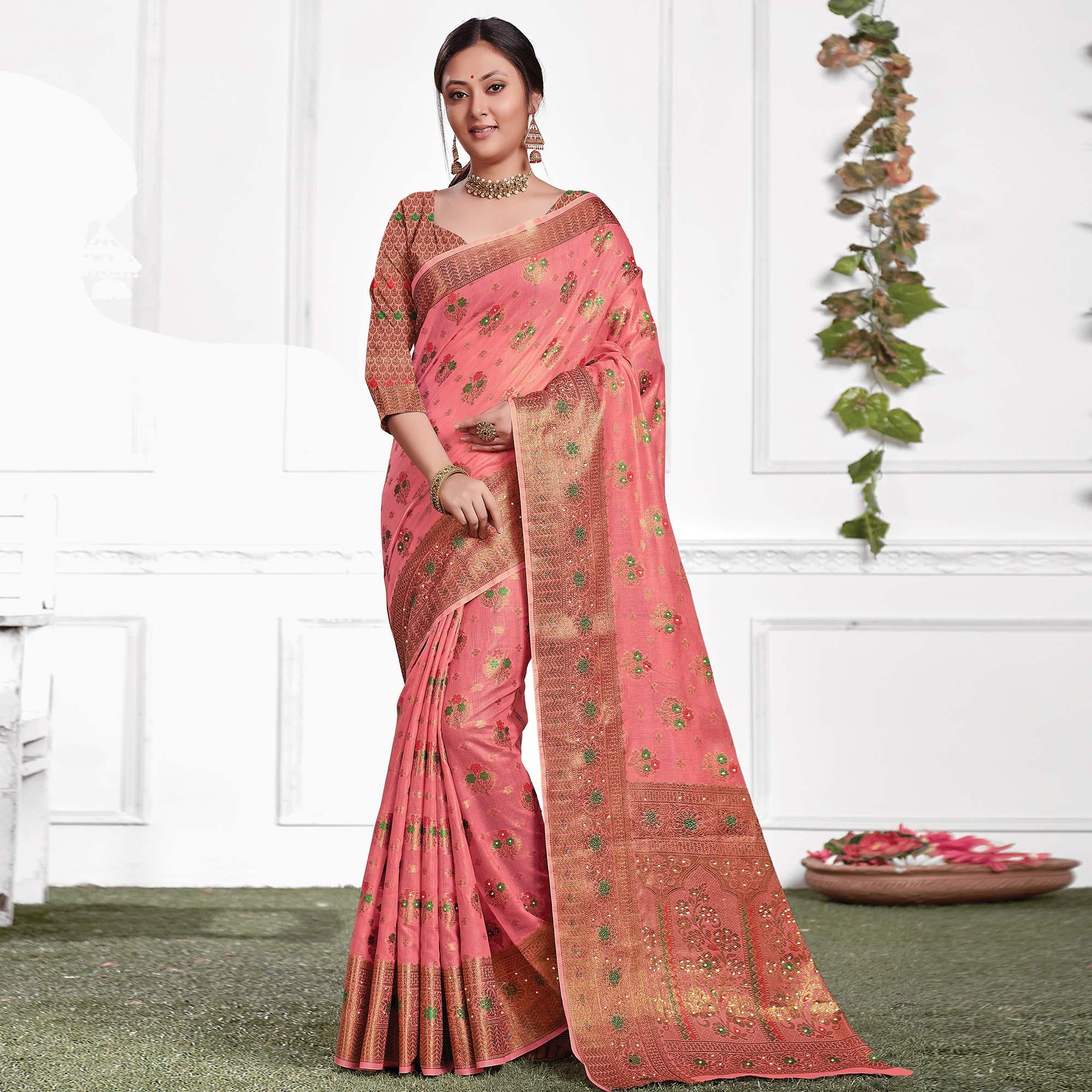 Pink Festive Wear Woven-Embellished Cotton Saree - Peachmode