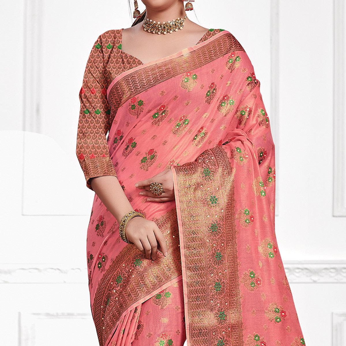 Pink Festive Wear Woven-Embellished Cotton Saree - Peachmode