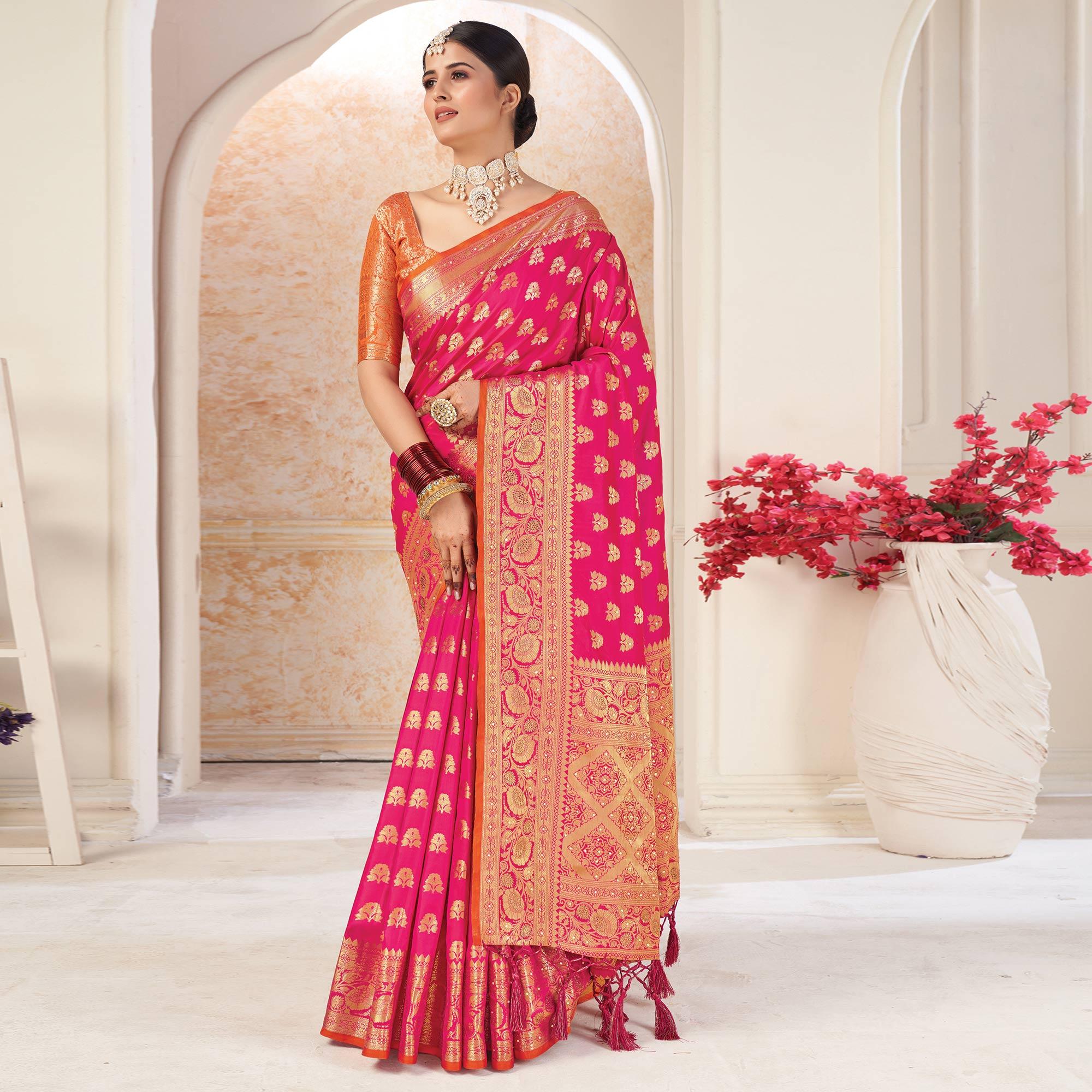 Pink Festive Wear Woven-Embellished Silk Saree With Tassels - Peachmode