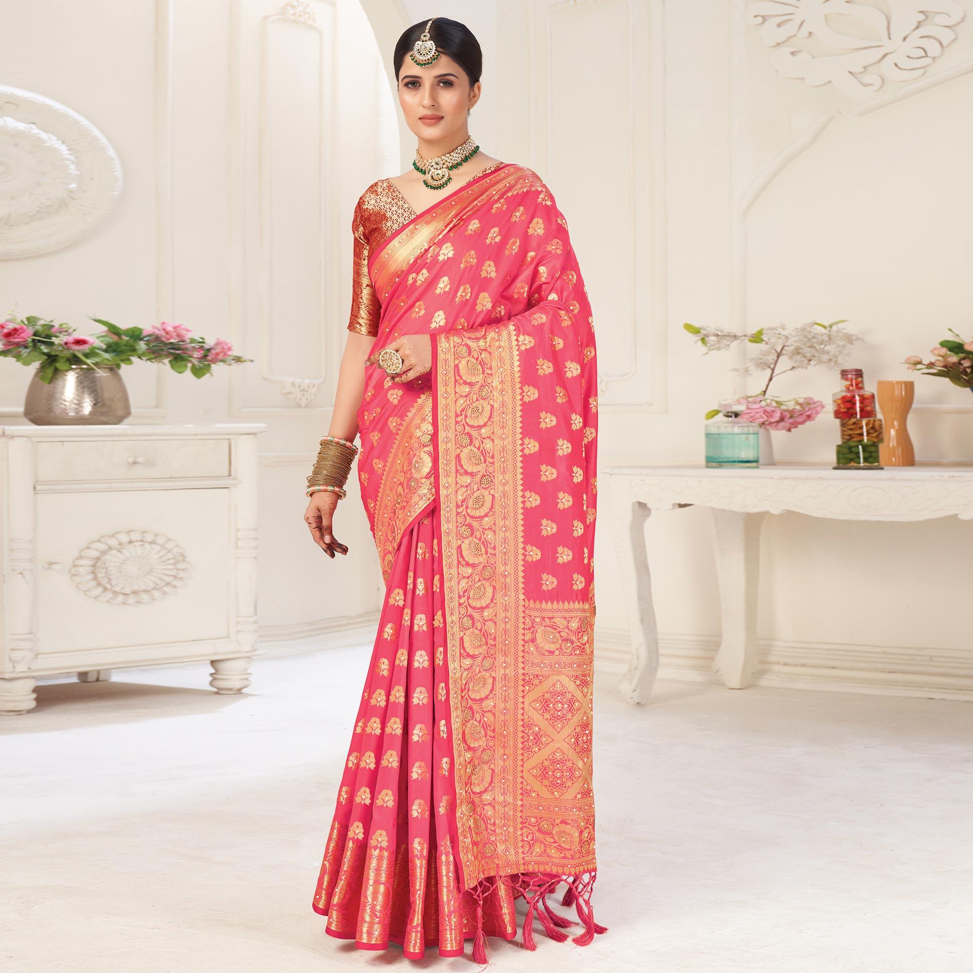 Pink Festive Wear Woven-Embellished Silk Saree With Tassels - Peachmode