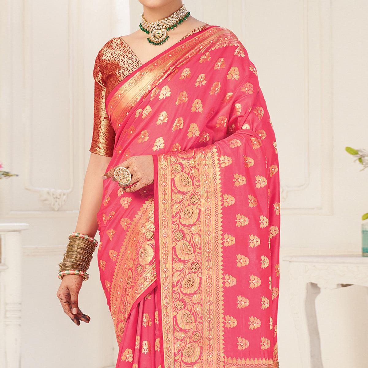 Pink Festive Wear Woven-Embellished Silk Saree With Tassels - Peachmode