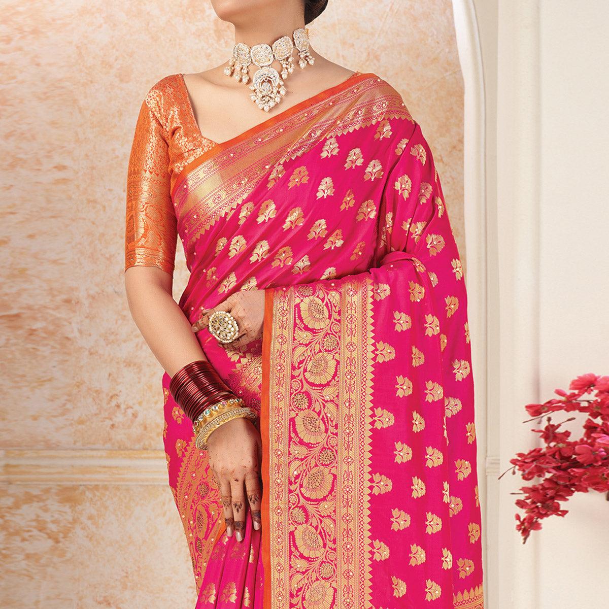 Pink Festive Wear Woven-Embellished Silk Saree With Tassels - Peachmode