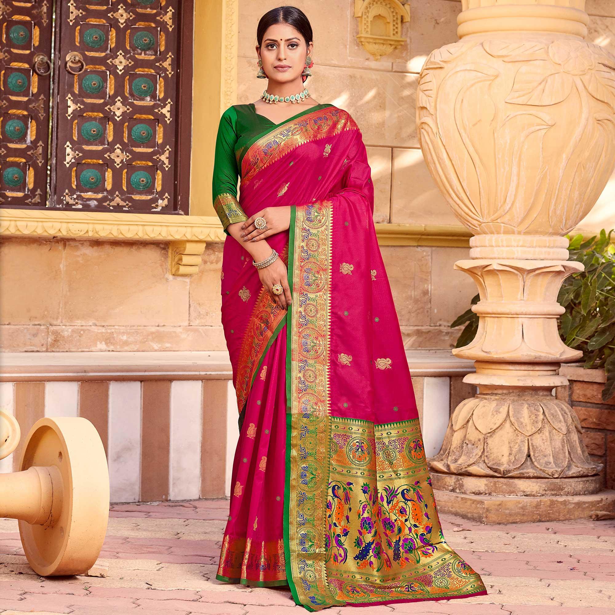 Pink Festive Wear Woven Handloom Paithani Silk Saree - Peachmode