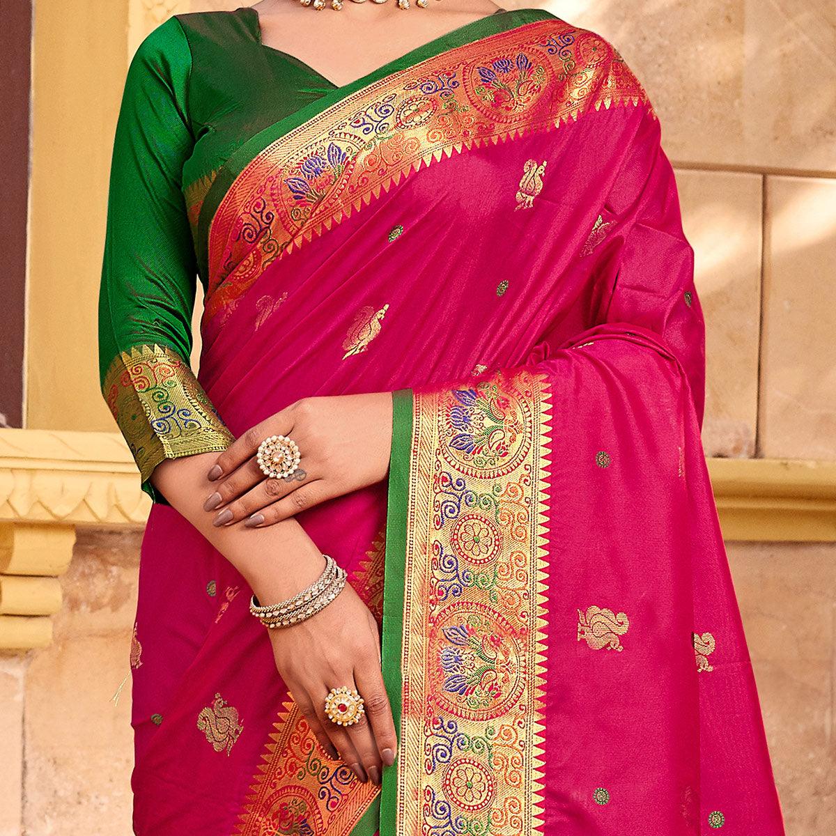 Pink Festive Wear Woven Handloom Paithani Silk Saree - Peachmode