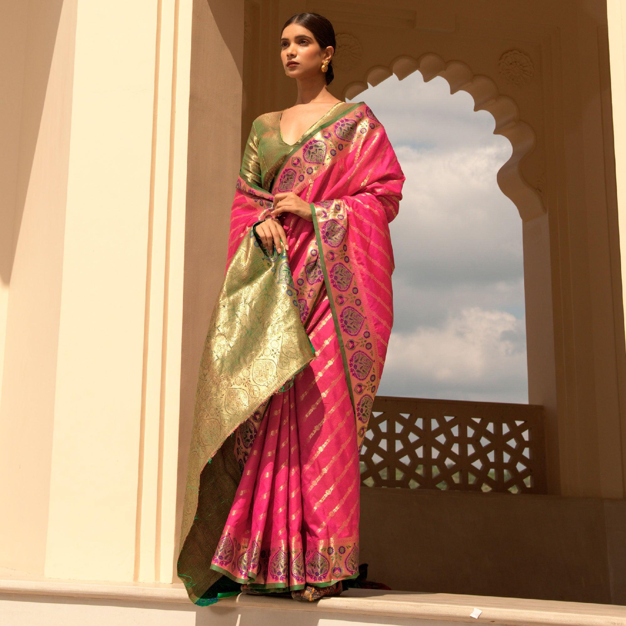 Pink Festive Wear Woven Handloom Saree - Peachmode