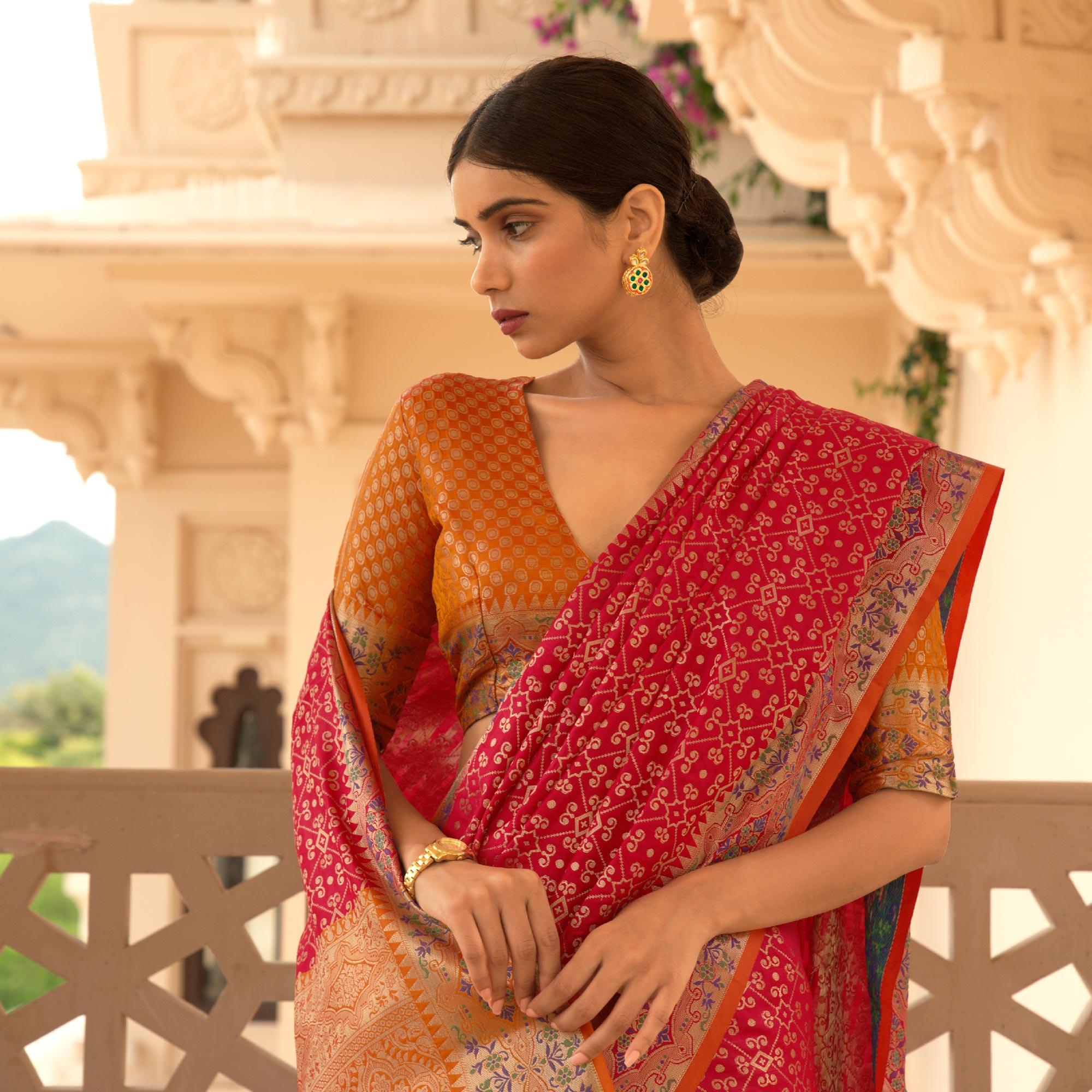 Pink Festive Wear Woven Handloom Saree - Peachmode
