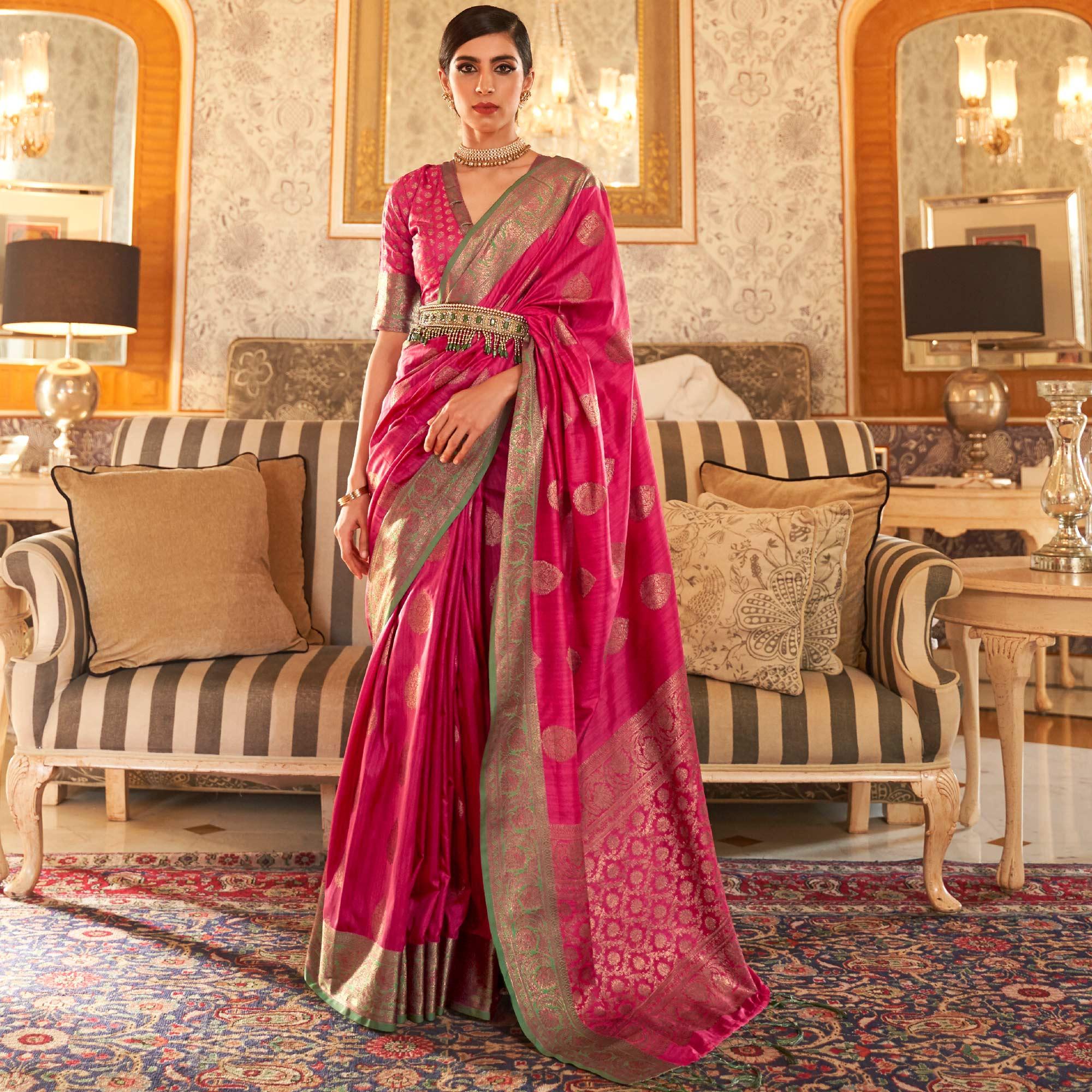 Pink Festive Wear Woven Handloom Silk Saree - Peachmode