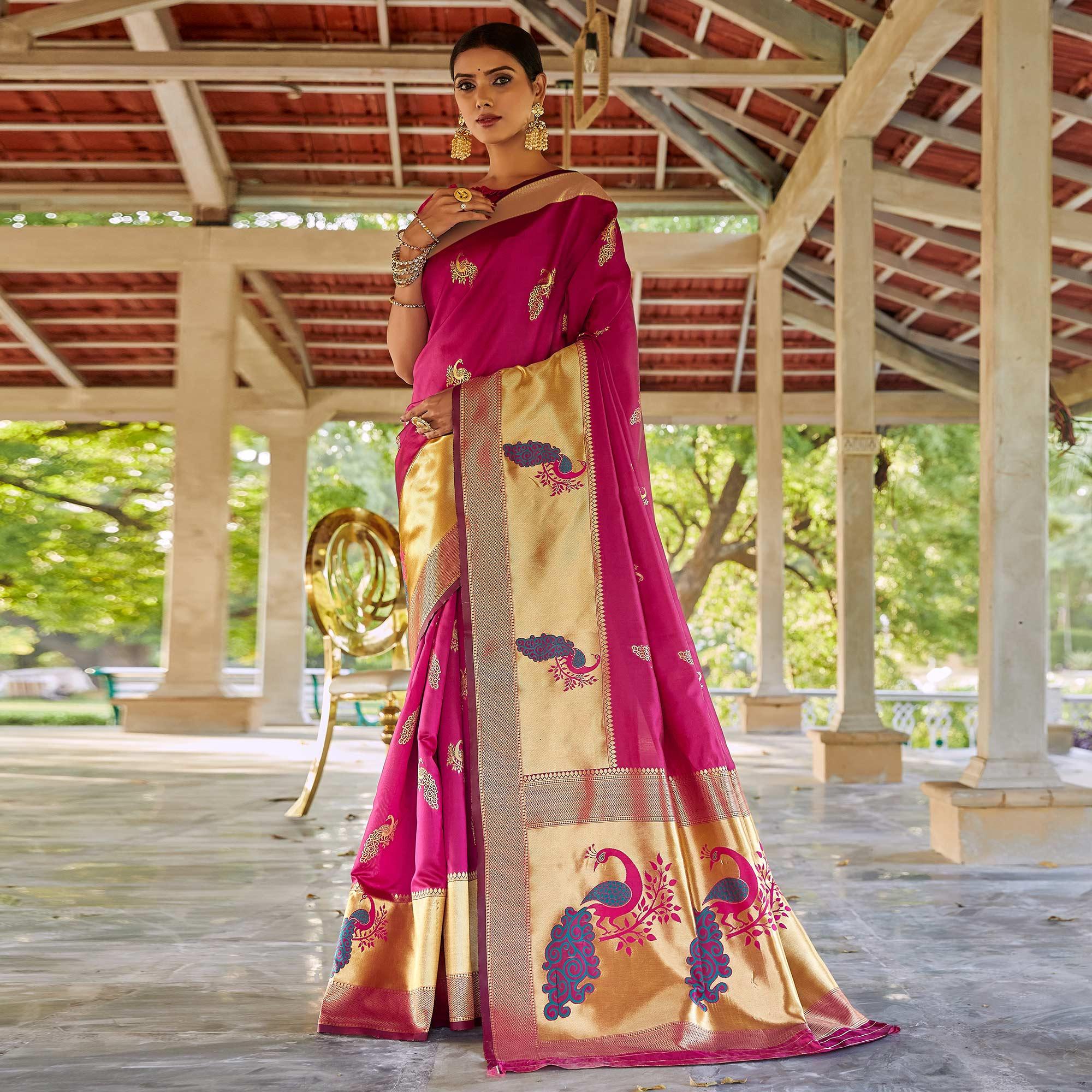 Pink Festive Wear Woven Handloom Silk Saree - Peachmode