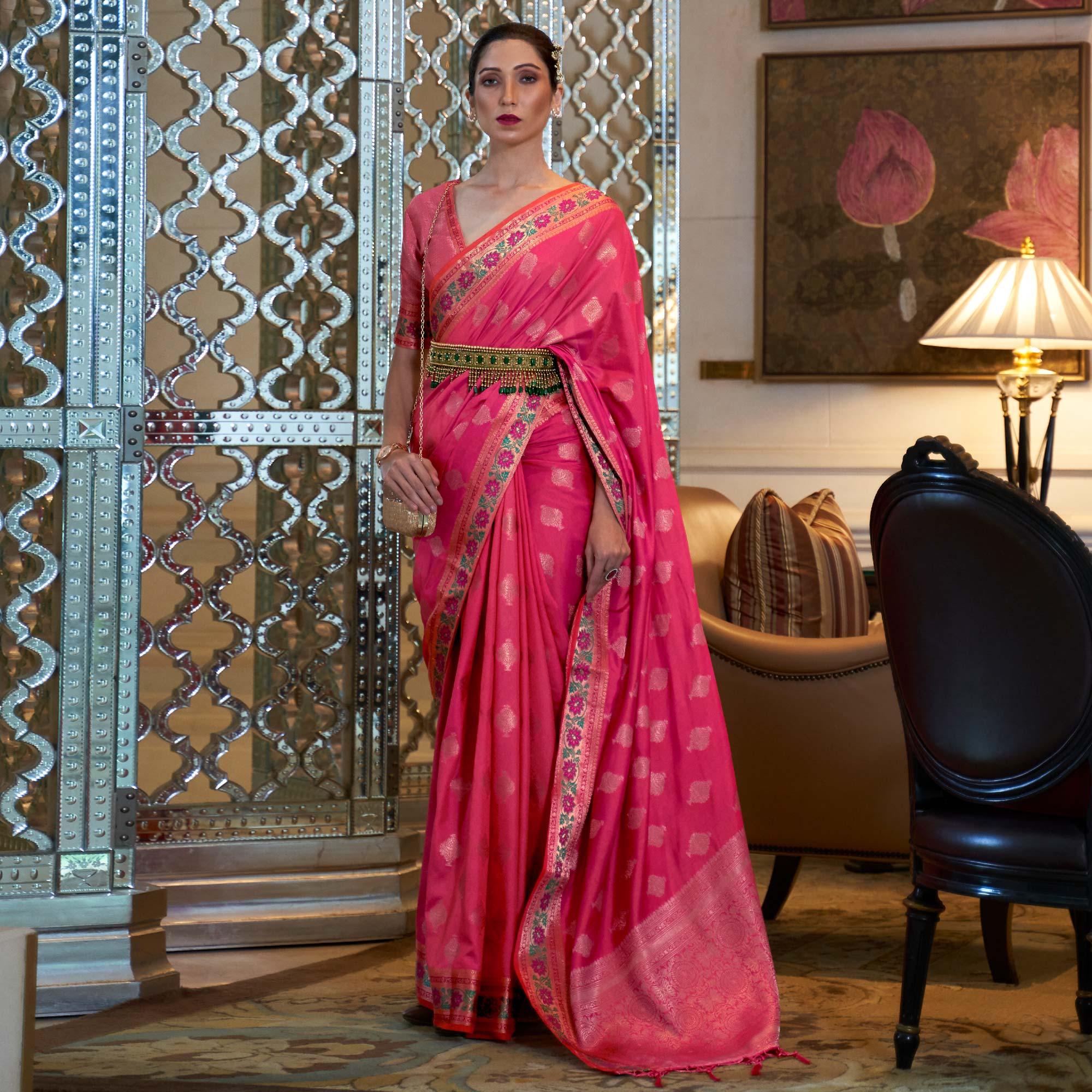 Pink Festive Wear Woven Handloom Silk Saree - Peachmode