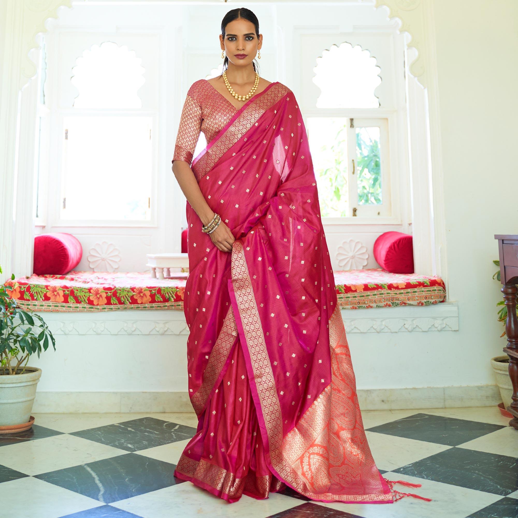 Pink Festive Wear Woven Handloom Silk Saree - Peachmode