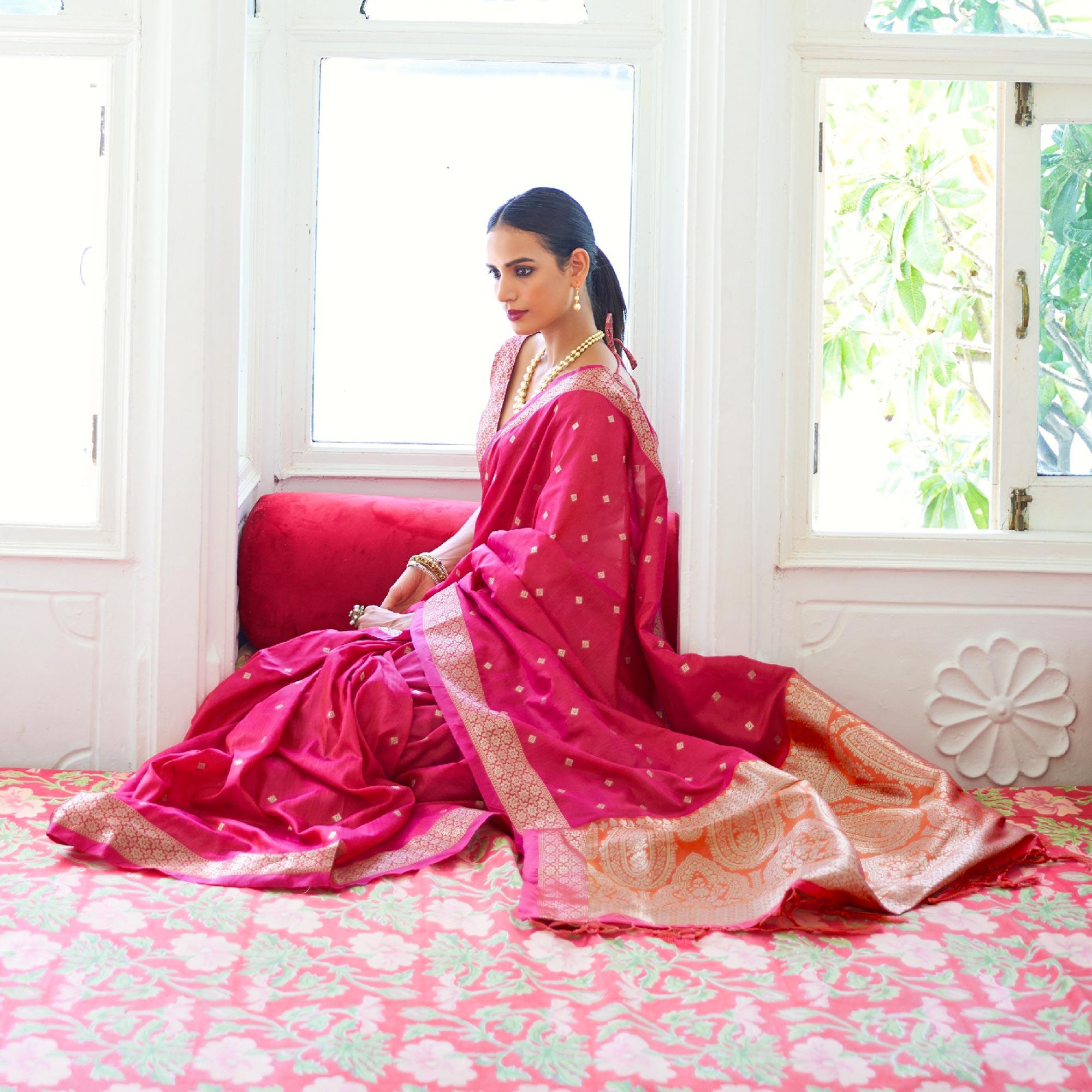 Pink Festive Wear Woven Handloom Silk Saree - Peachmode