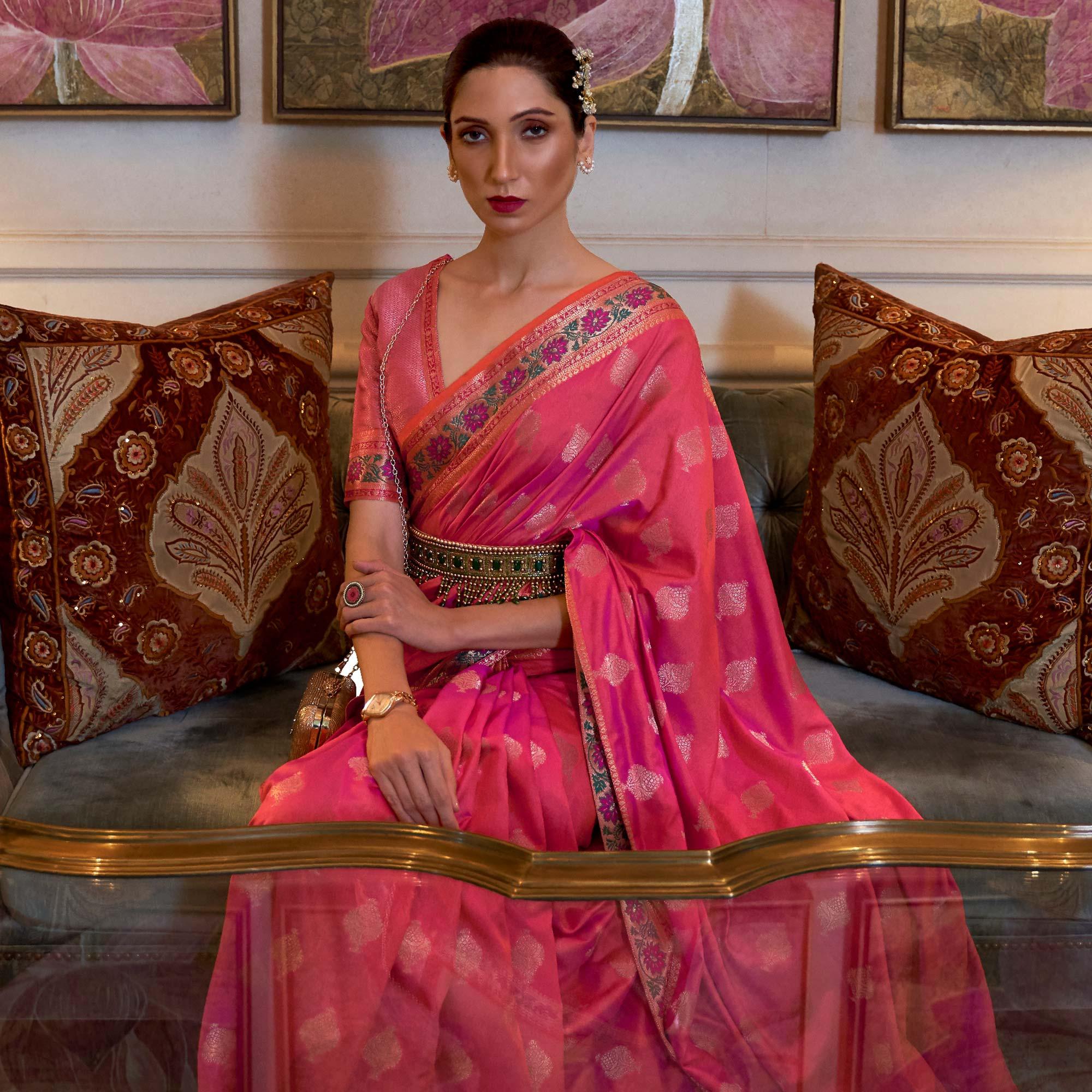 Pink Festive Wear Woven Handloom Silk Saree - Peachmode