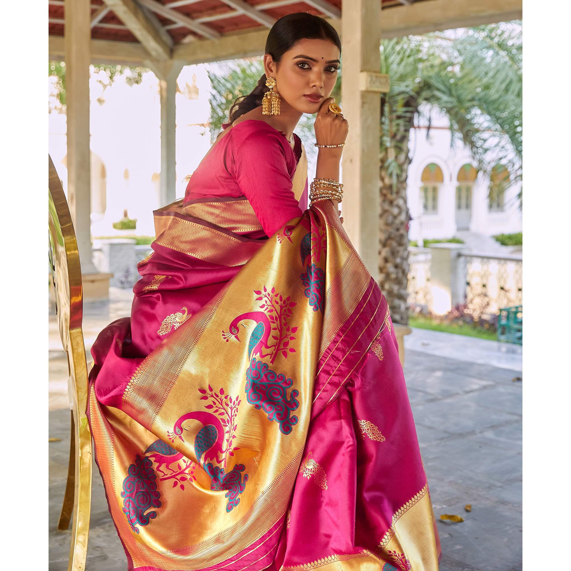 Pink Festive Wear Woven Handloom Silk Saree - Peachmode