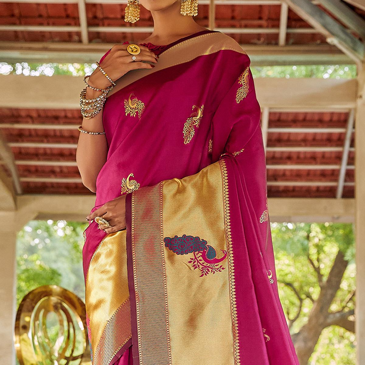 Pink Festive Wear Woven Handloom Silk Saree - Peachmode