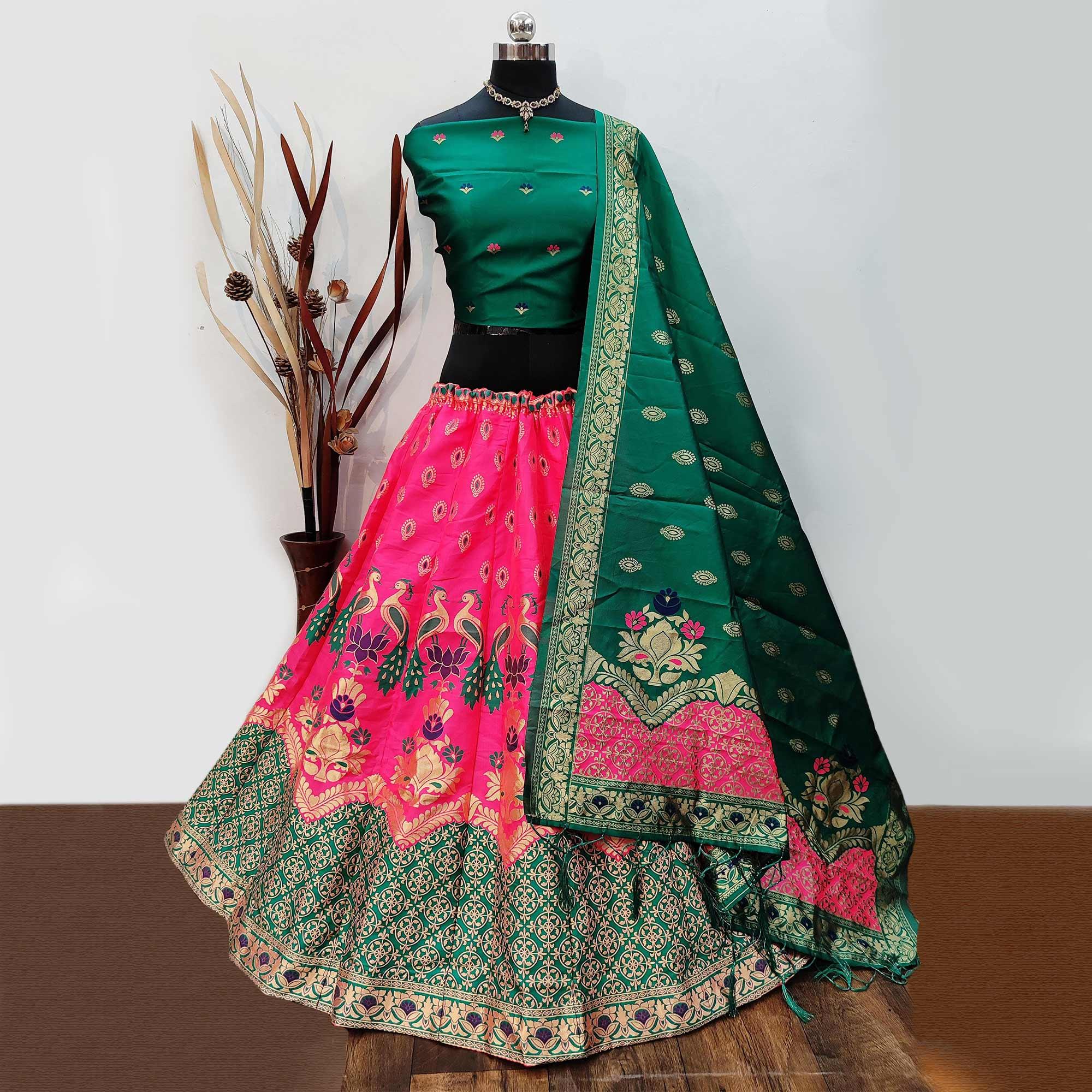 Pink Festive Wear Woven Heavy Brocade Lehenga Choli - Peachmode