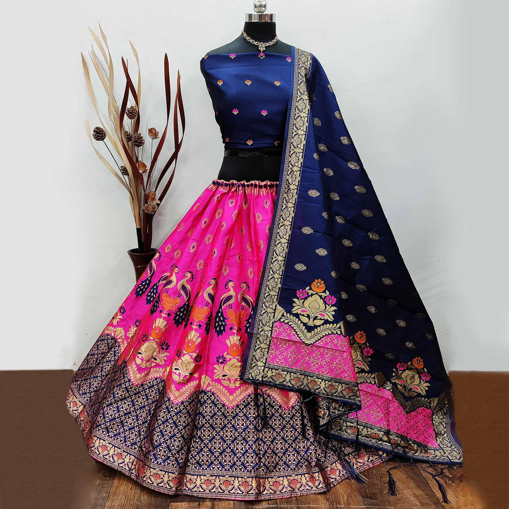 Pink Festive Wear Woven Heavy Brocade Lehenga Choli - Peachmode