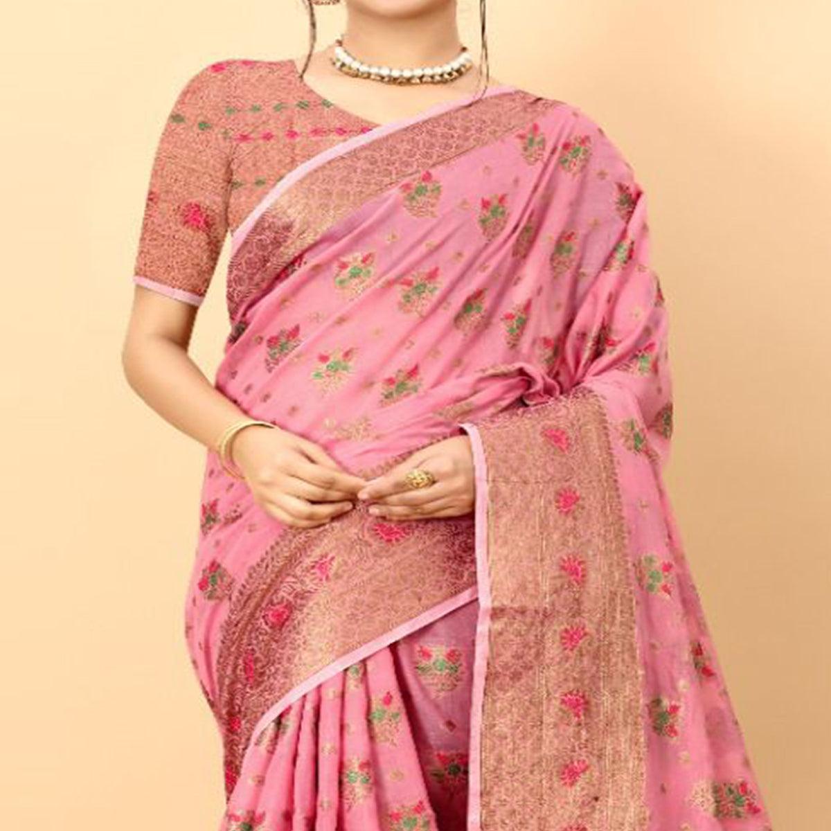 Pink Festive Wear Woven Heavy Cotton Saree - Peachmode