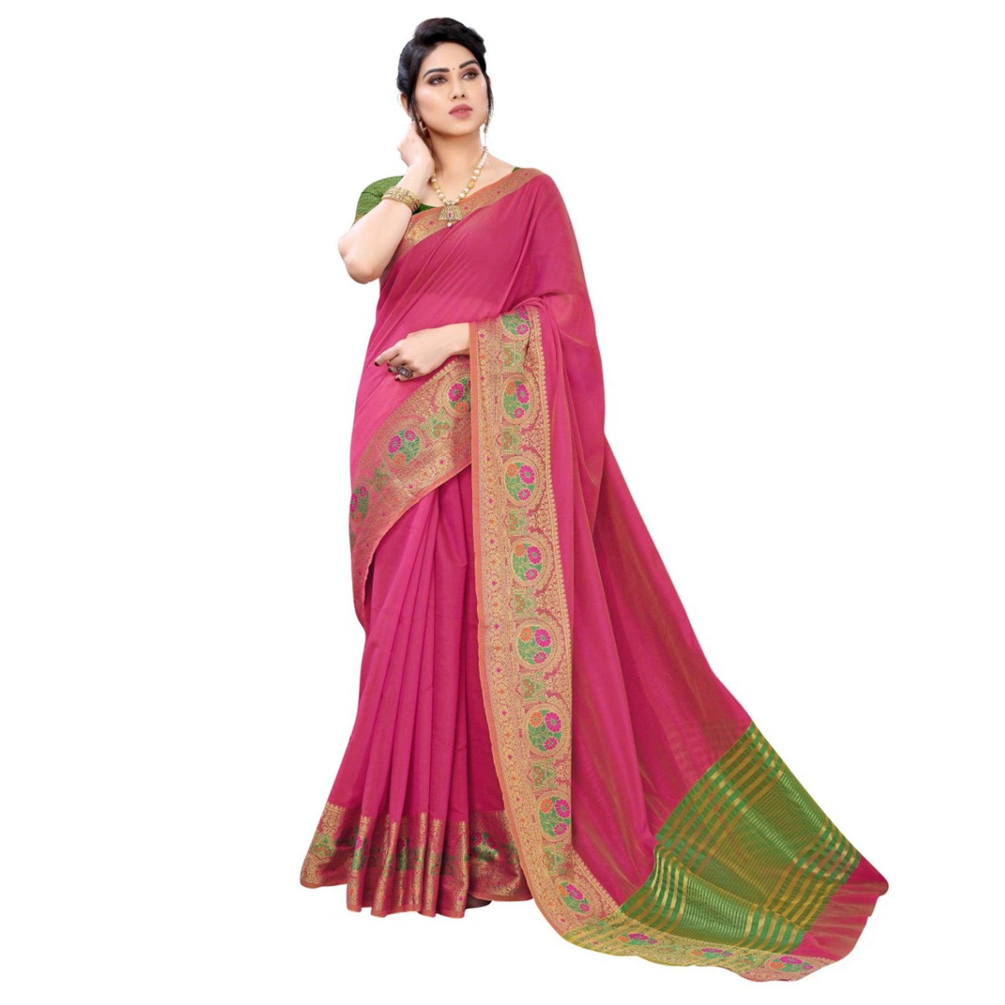 Pink Festive Wear Woven Jacquard Border Cotton Saree - Peachmode
