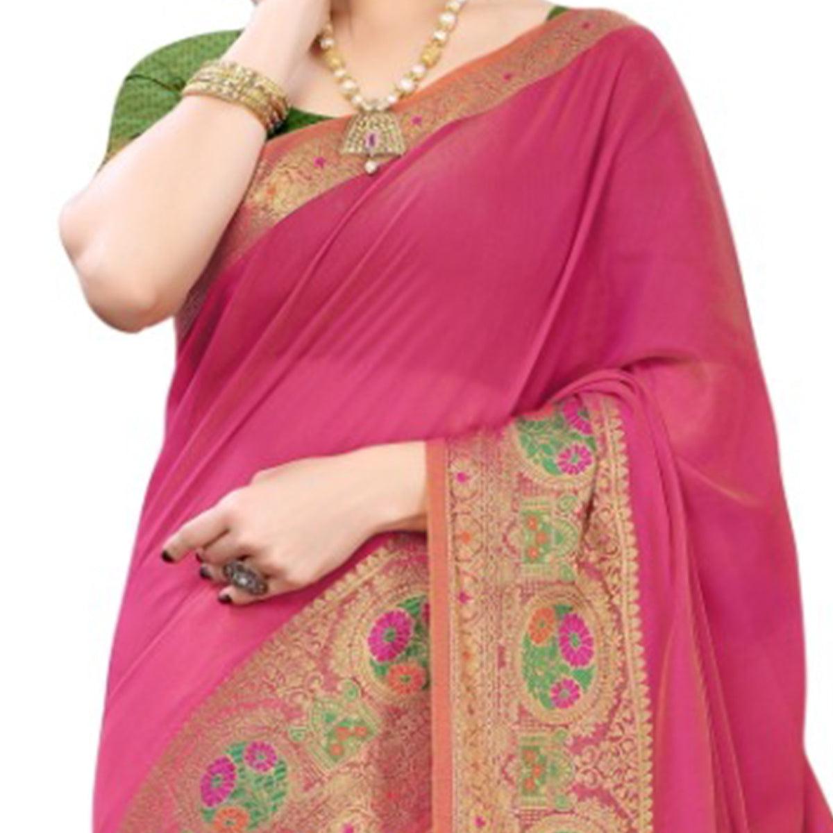 Pink Festive Wear Woven Jacquard Border Cotton Saree - Peachmode
