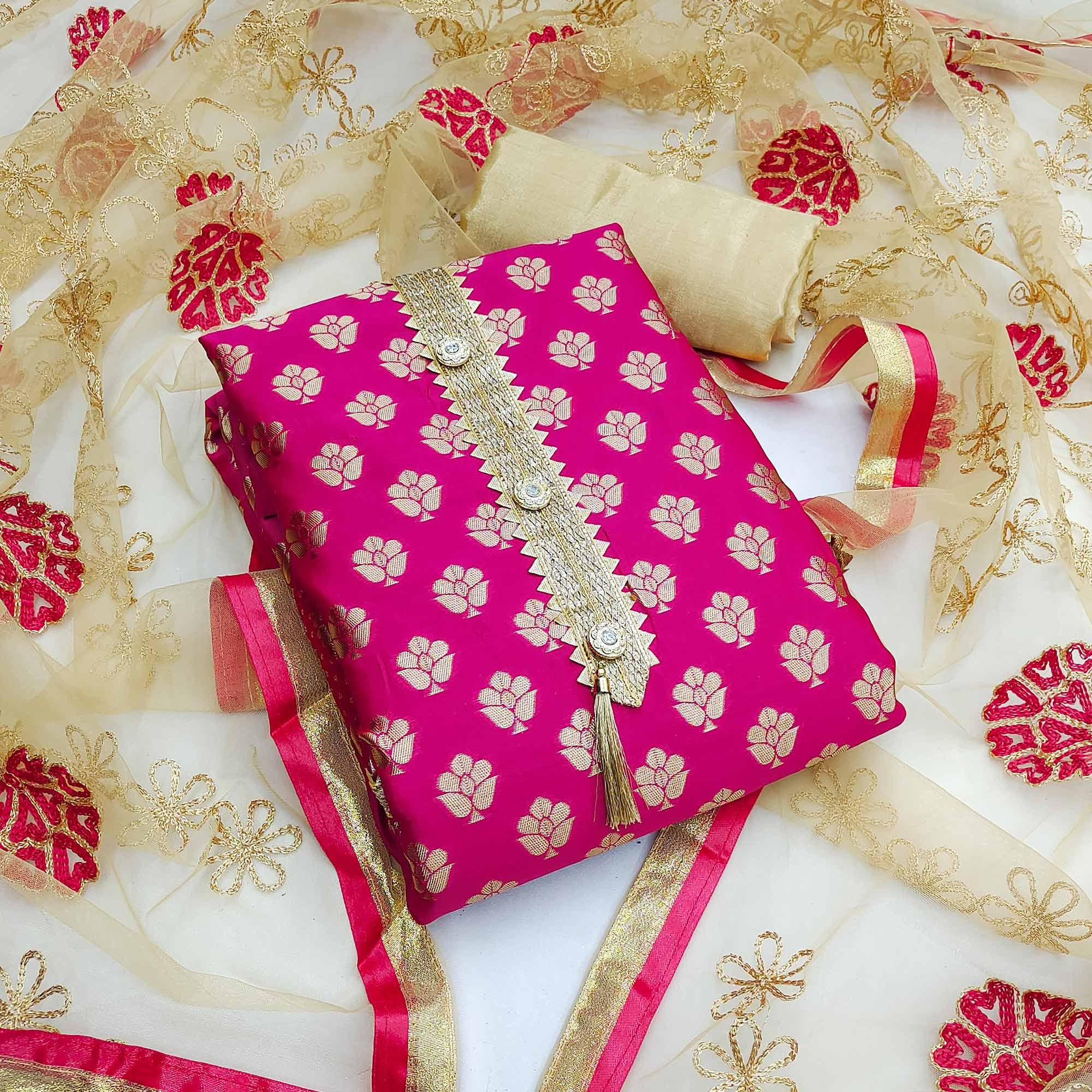 Pink Festive Wear Woven Jacquard Dress Material - Peachmode
