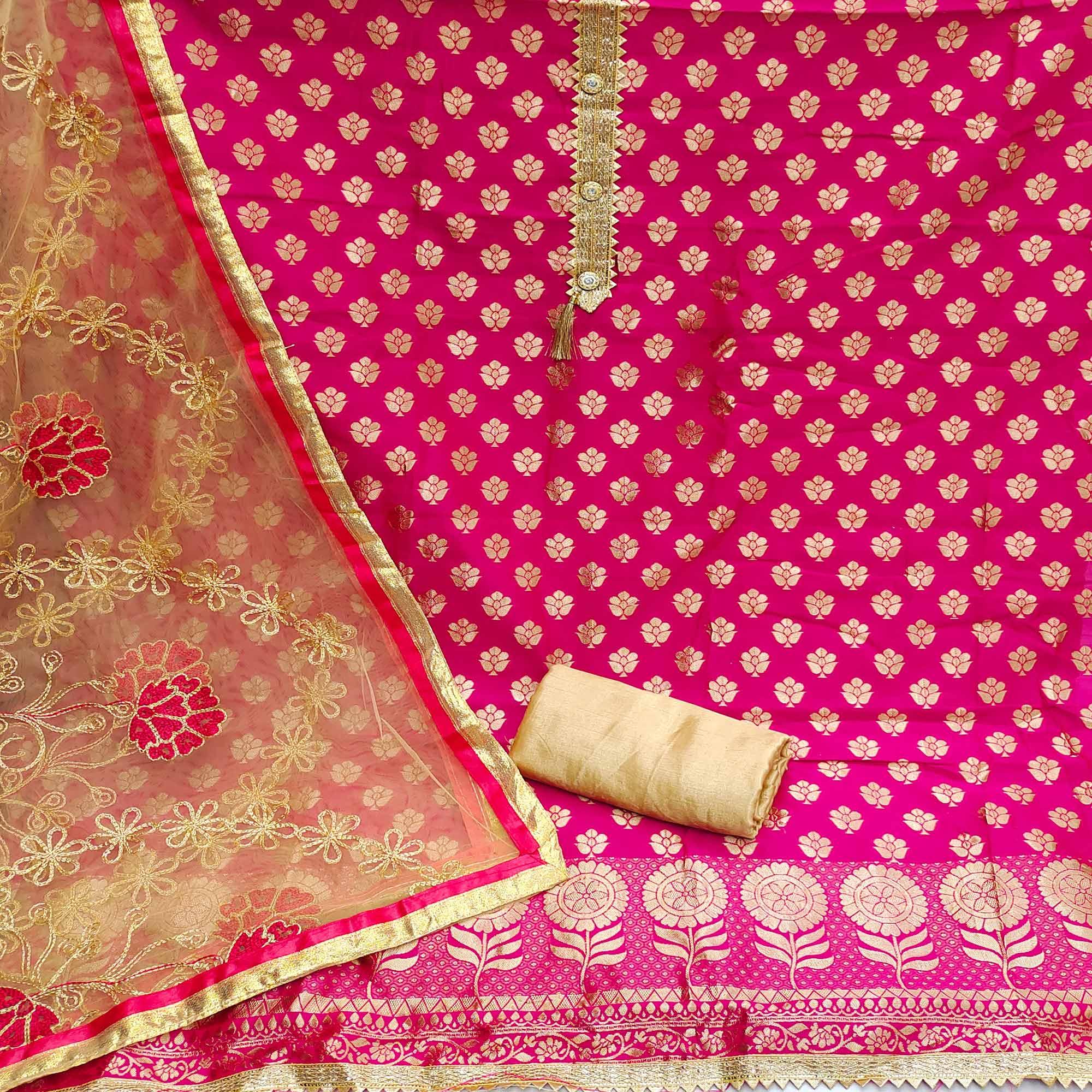 Pink Festive Wear Woven Jacquard Dress Material - Peachmode