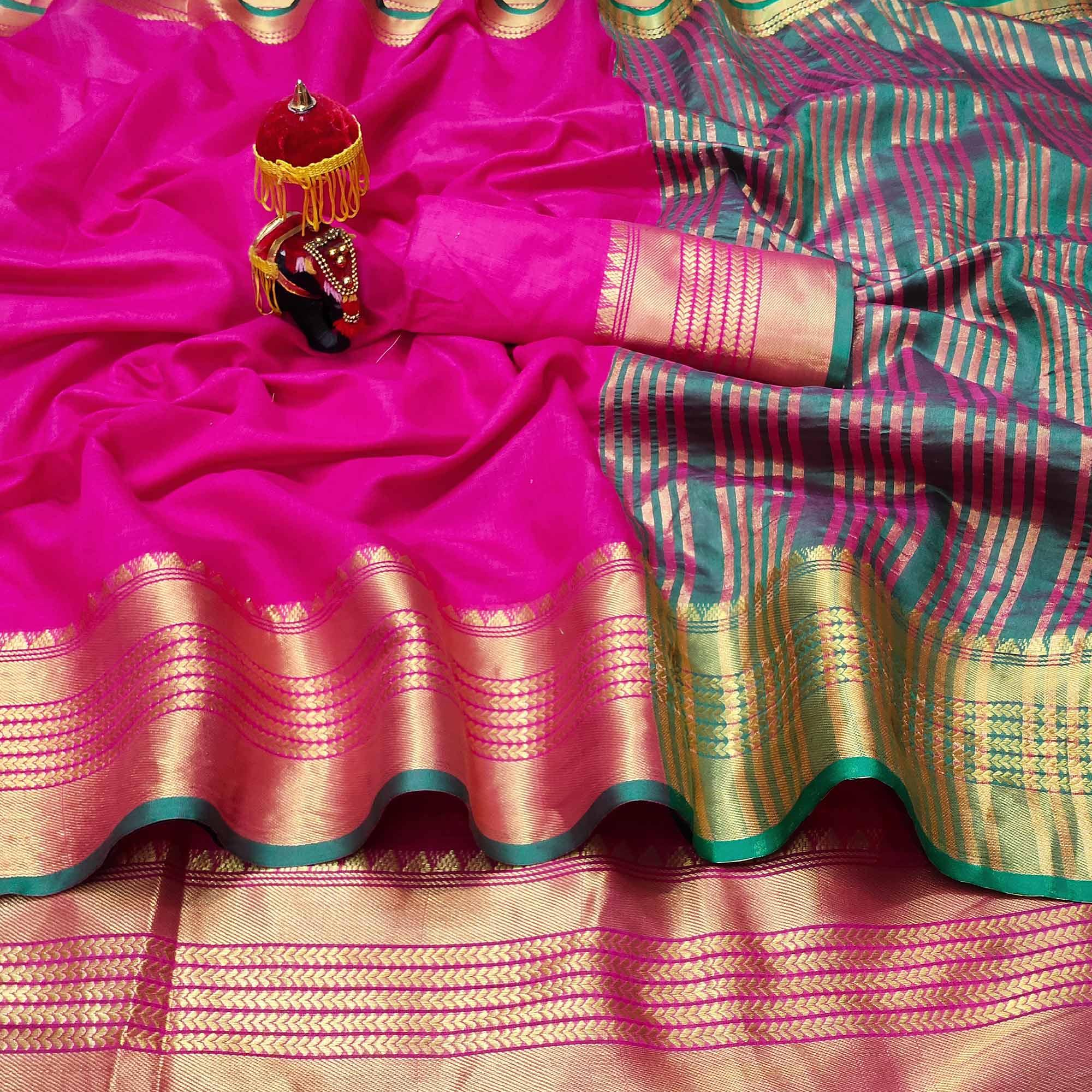 Pink Festive Wear Woven Jacquard Saree With Golden Border - Peachmode
