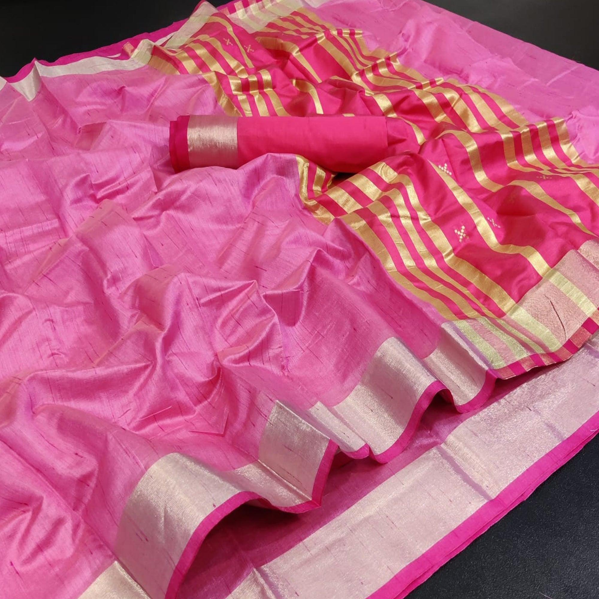 Pink Festive Wear Woven Jute Saree - Peachmode