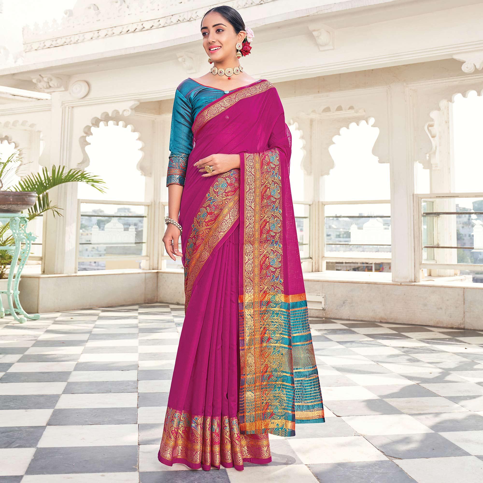 Pink Festive Wear Woven Jute Saree - Peachmode