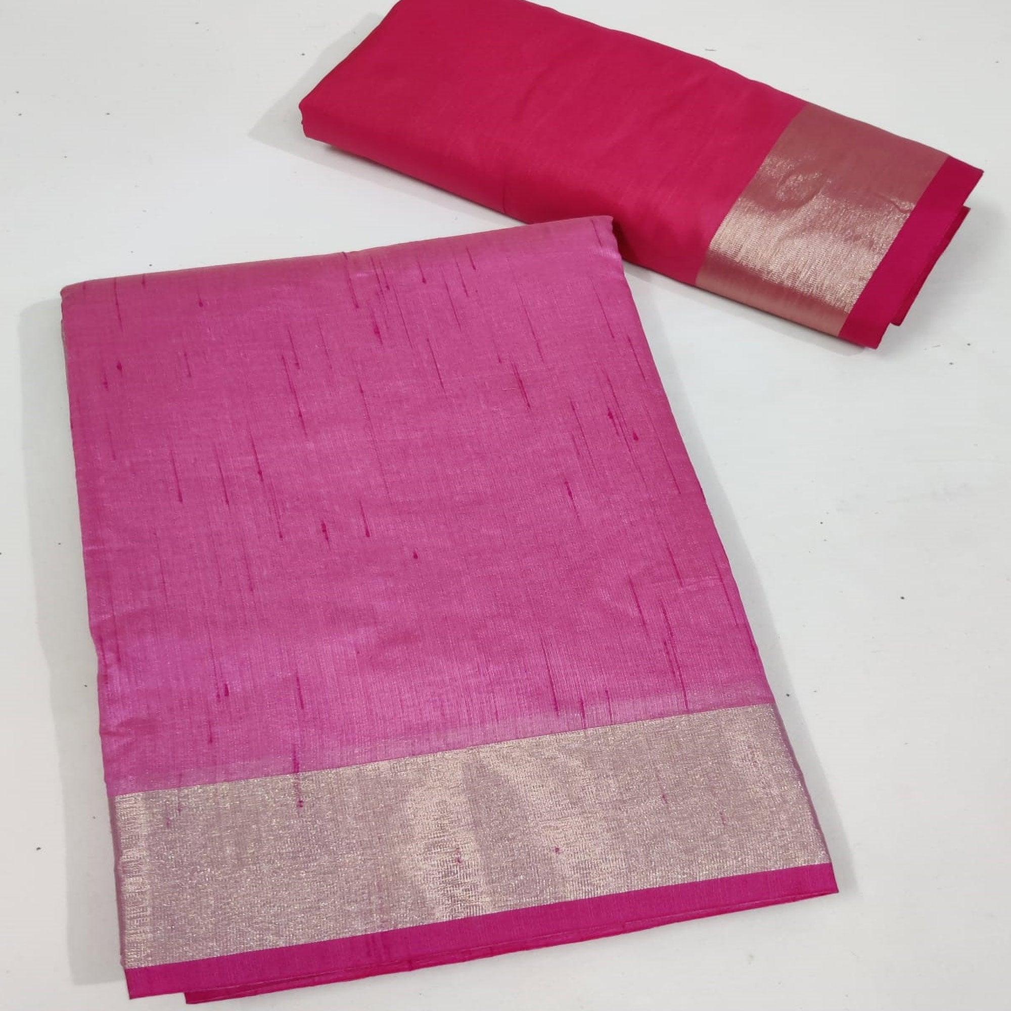 Pink Festive Wear Woven Jute Saree - Peachmode
