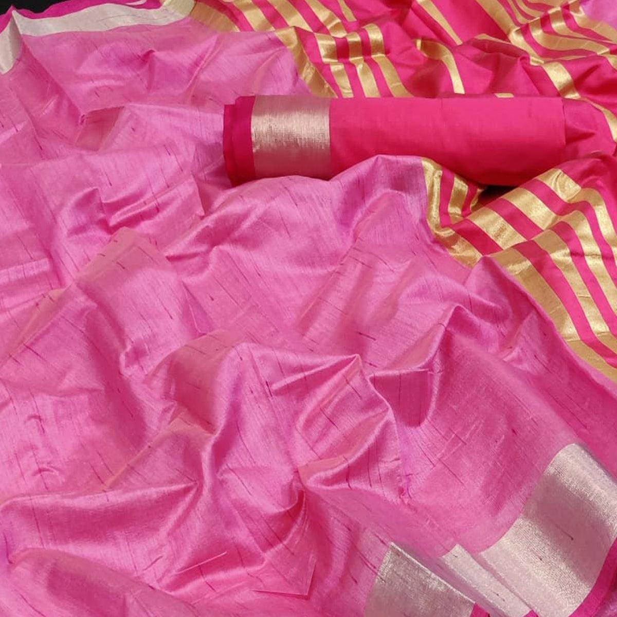 Pink Festive Wear Woven Jute Saree - Peachmode