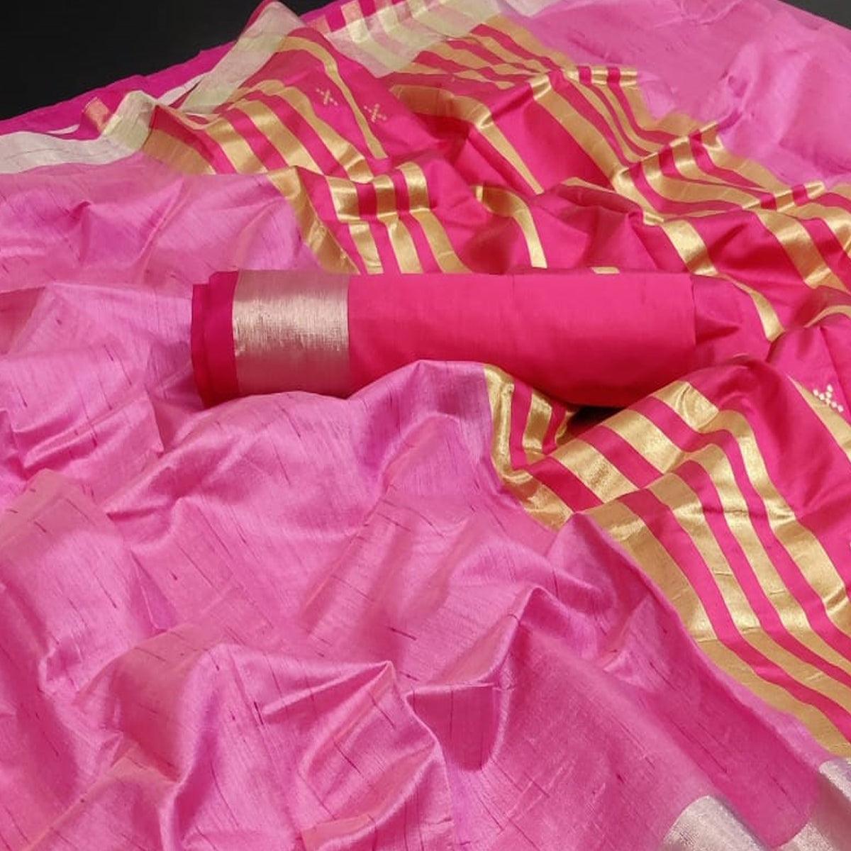 Pink Festive Wear Woven Jute Saree - Peachmode