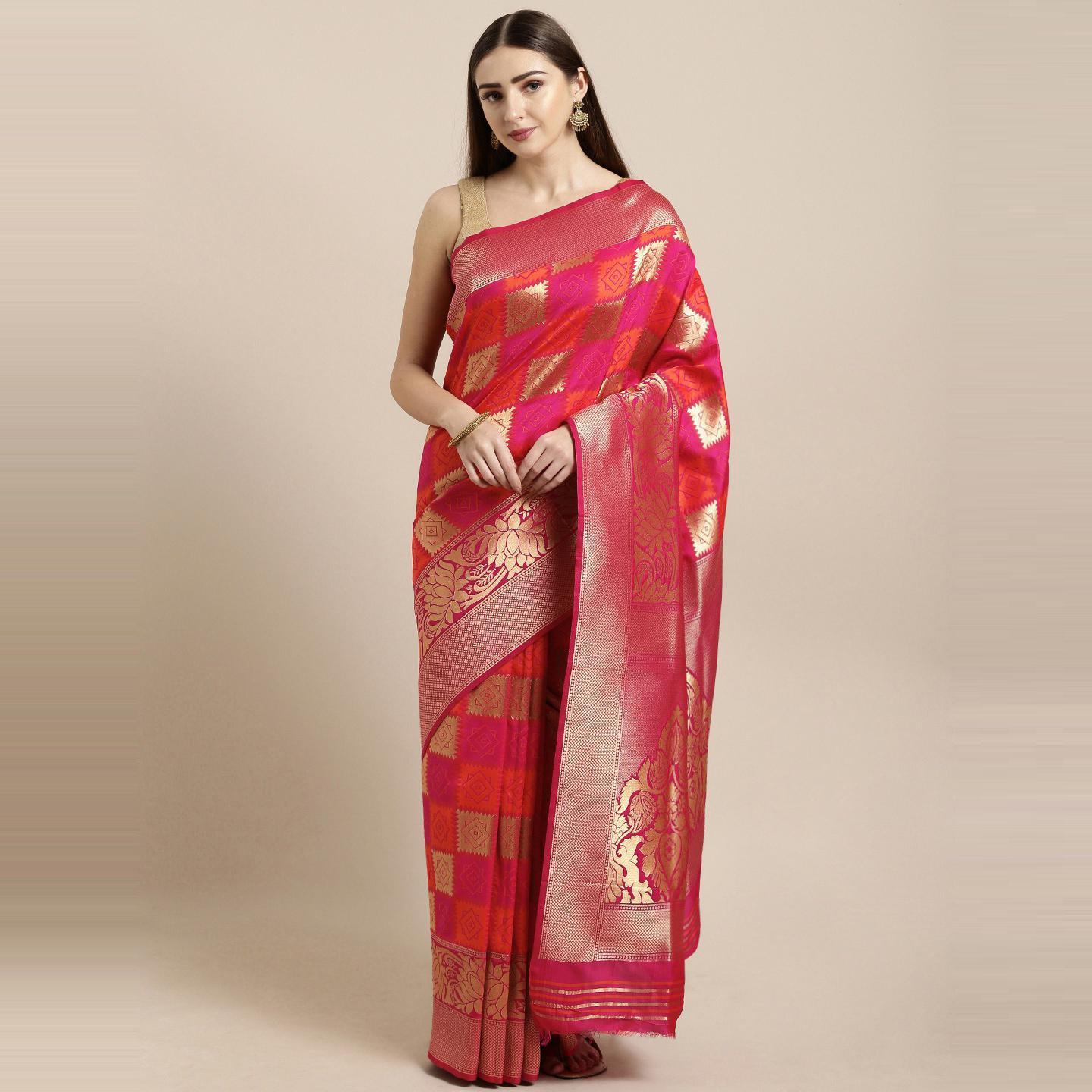 Pink Festive Wear Woven Kanjivaram Silk Saree - Peachmode
