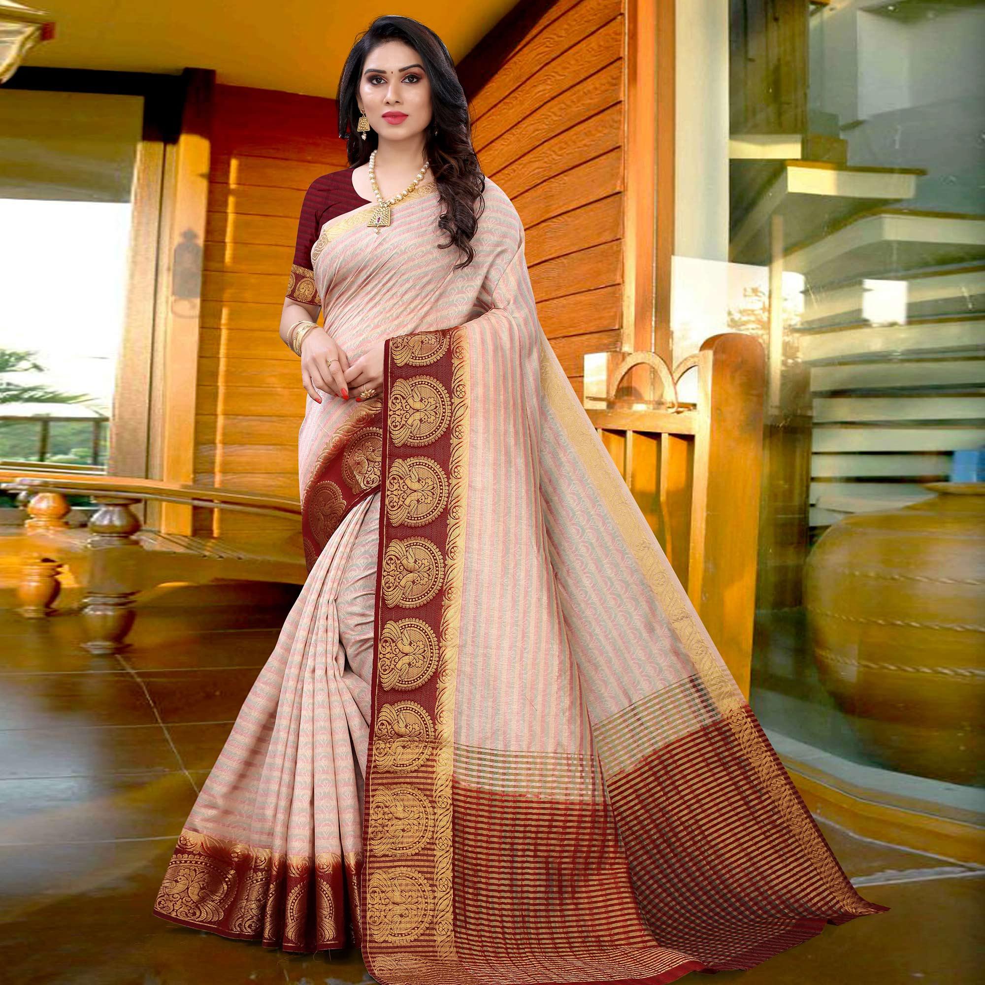 Pink Festive Wear Woven Kanjiwaram Art Silk Saree - Peachmode