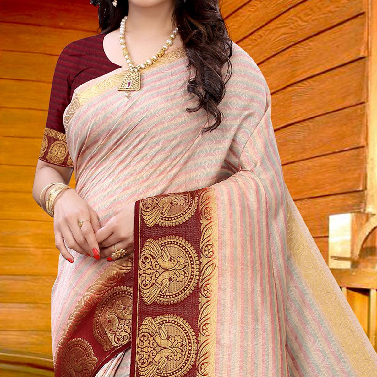 Pink Festive Wear Woven Kanjiwaram Art Silk Saree - Peachmode