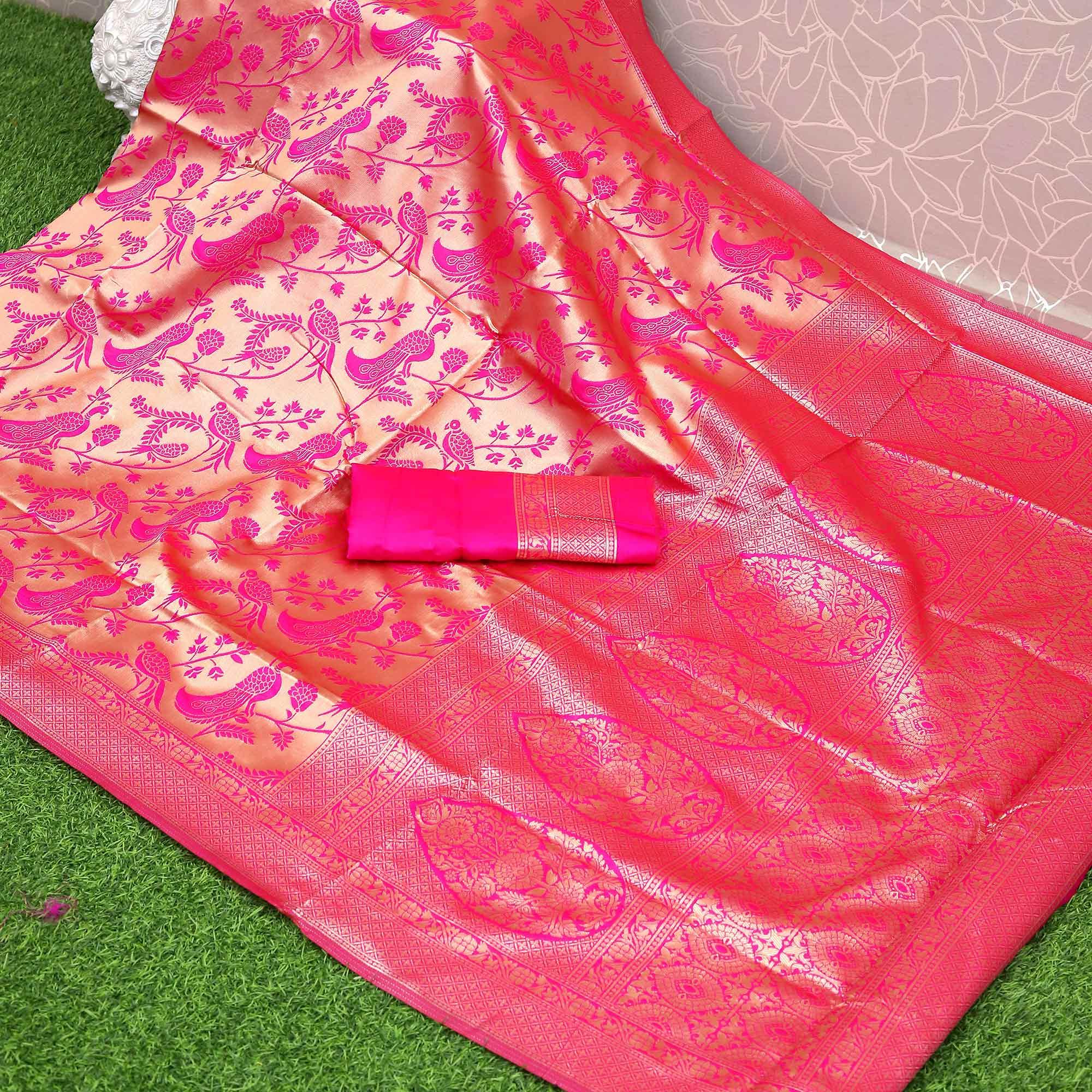 Pink Festive Wear Woven Kota Litchi Banarasi Art Silk Saree - Peachmode