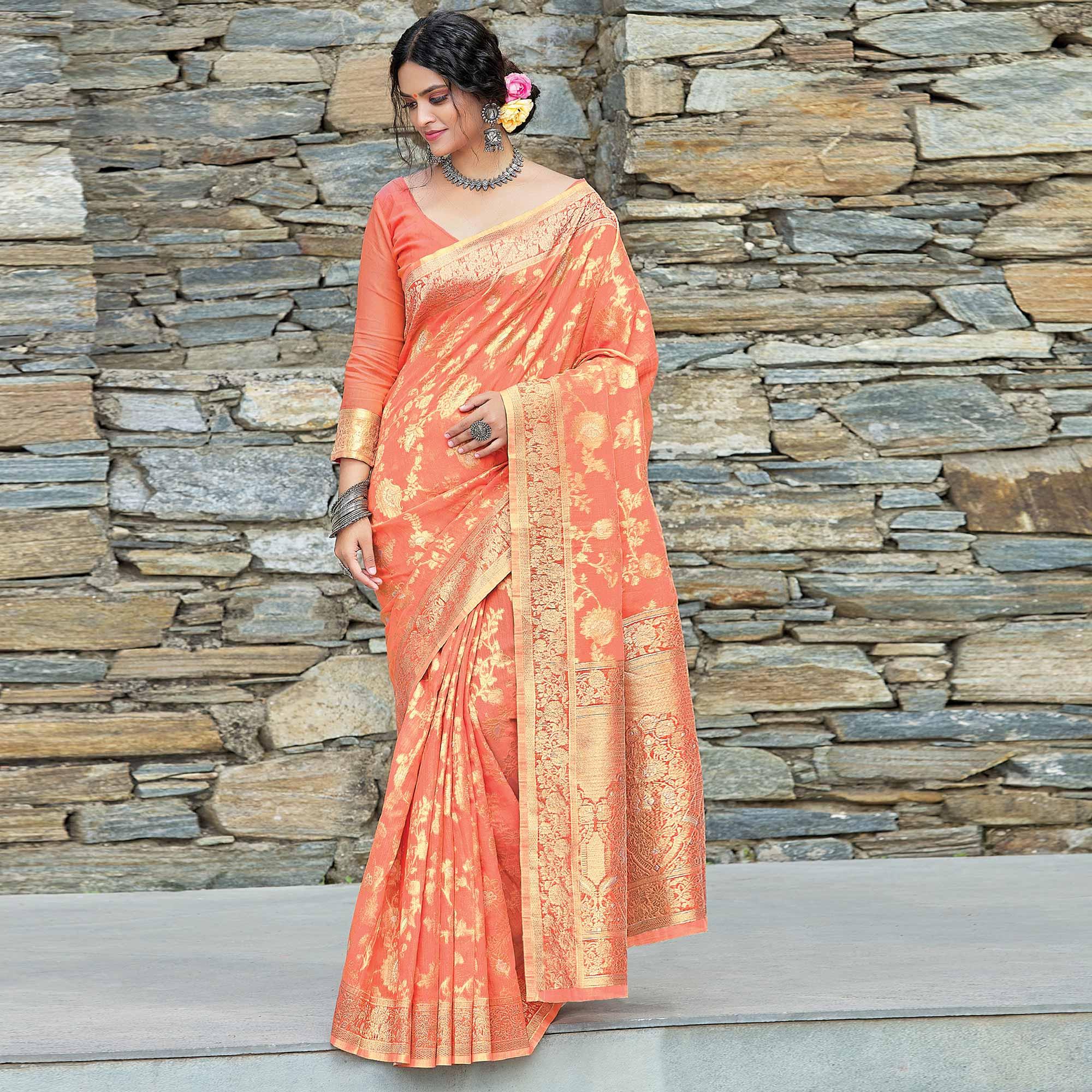 Pink Festive Wear Woven Linen Saree - Peachmode