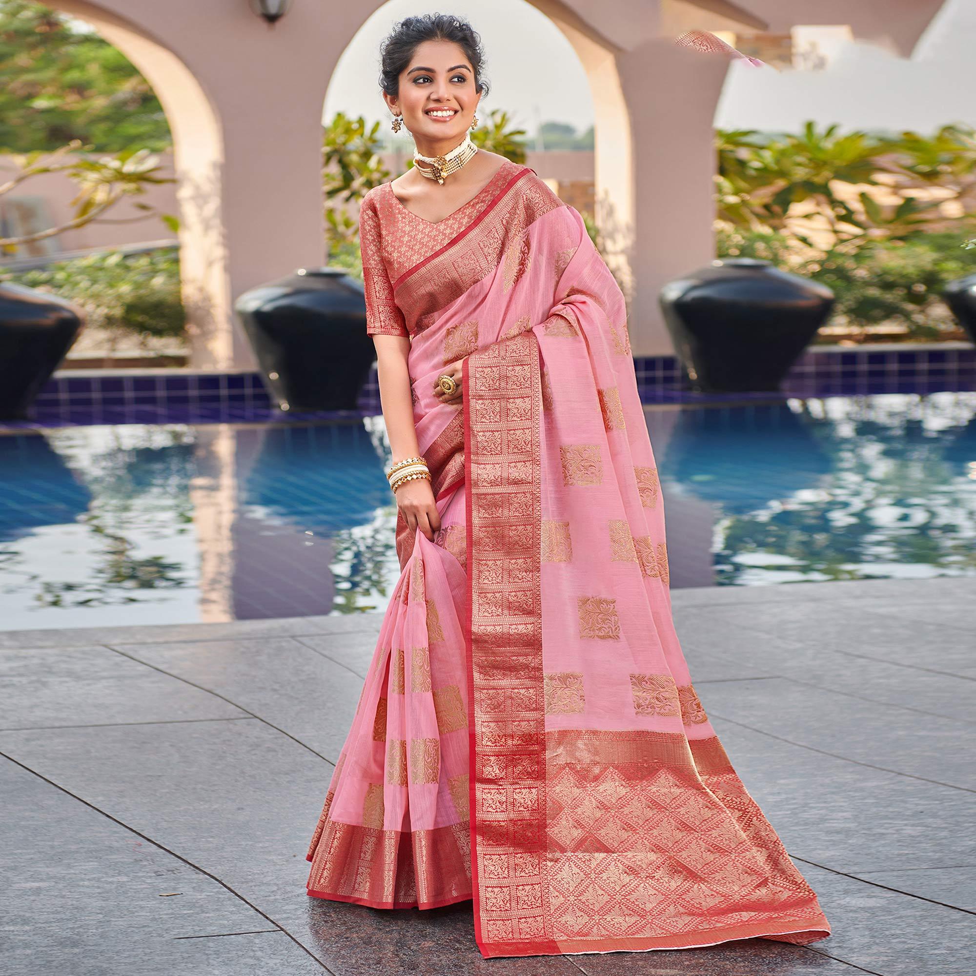 Pink Festive Wear Woven Linen Saree - Peachmode