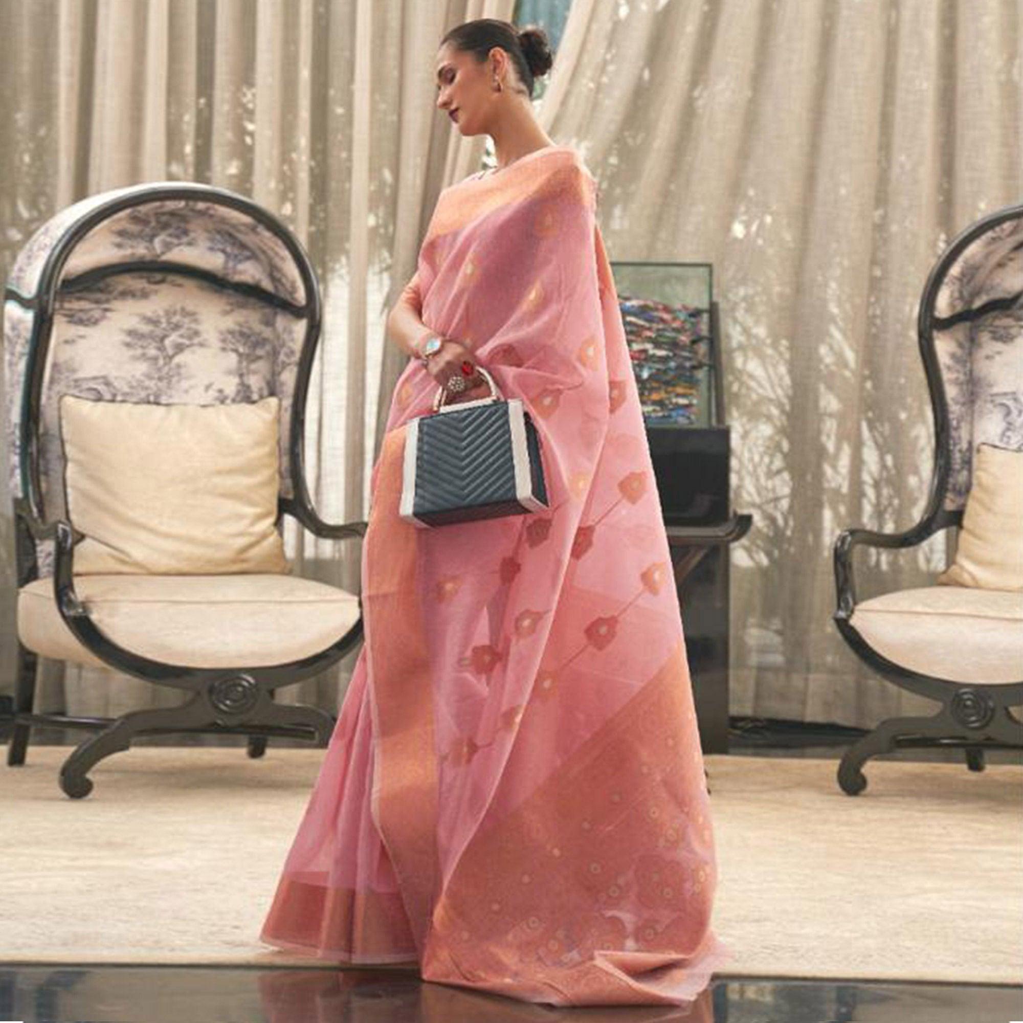 Pink Festive Wear Woven Linen Saree - Peachmode