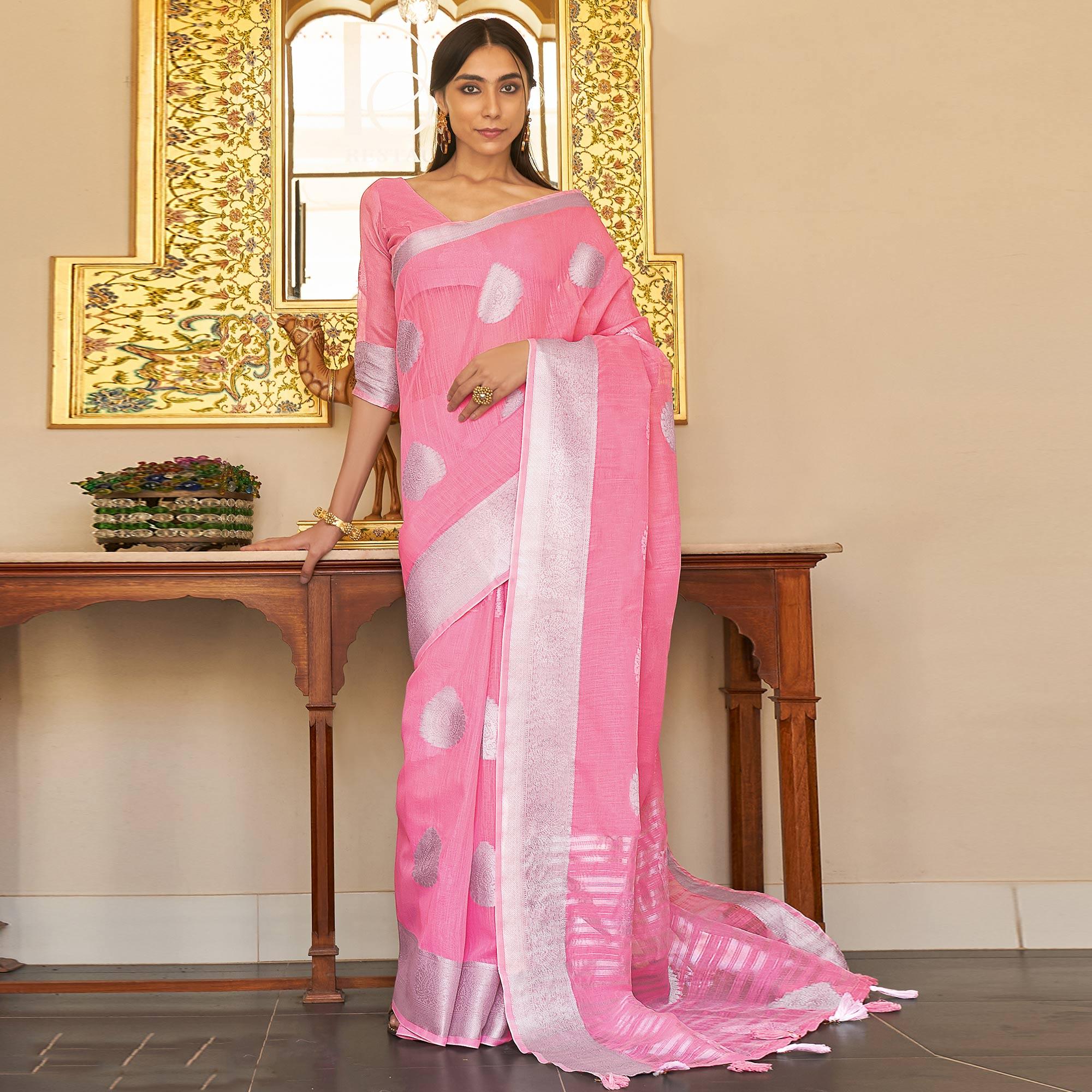 Pink Festive Wear Woven Linen Saree - Peachmode