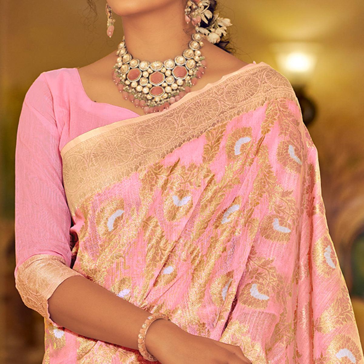 Pink Festive Wear Woven Linen Saree - Peachmode